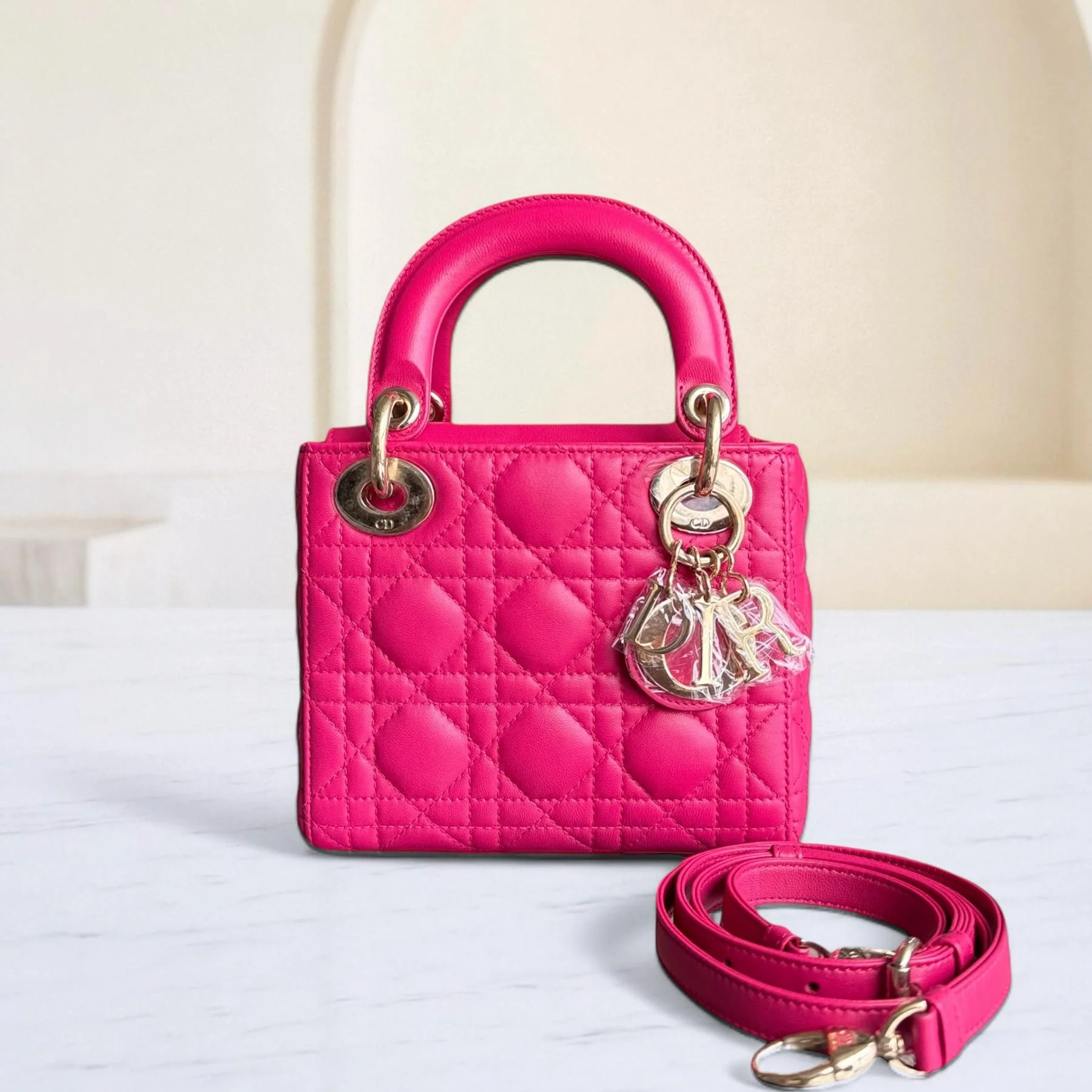 Dior Lady Mini - Cannage Lambskin Hot Pink Gold Hardware Adjustable Strap