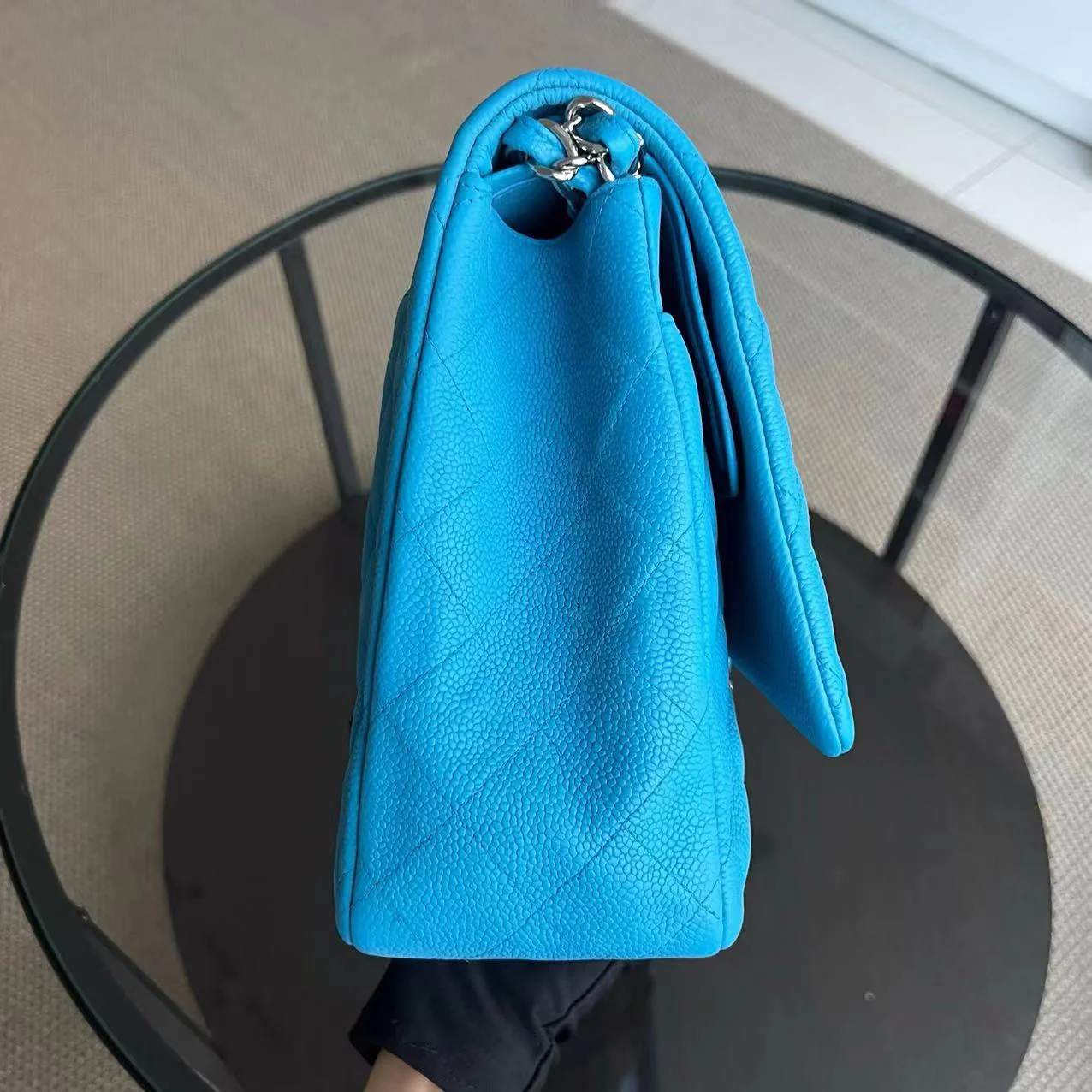 BALANCE of Maxi Classic Flap Caviar Double Flap Quilted Grained Calfskin Blue Silver Hardware Series 17