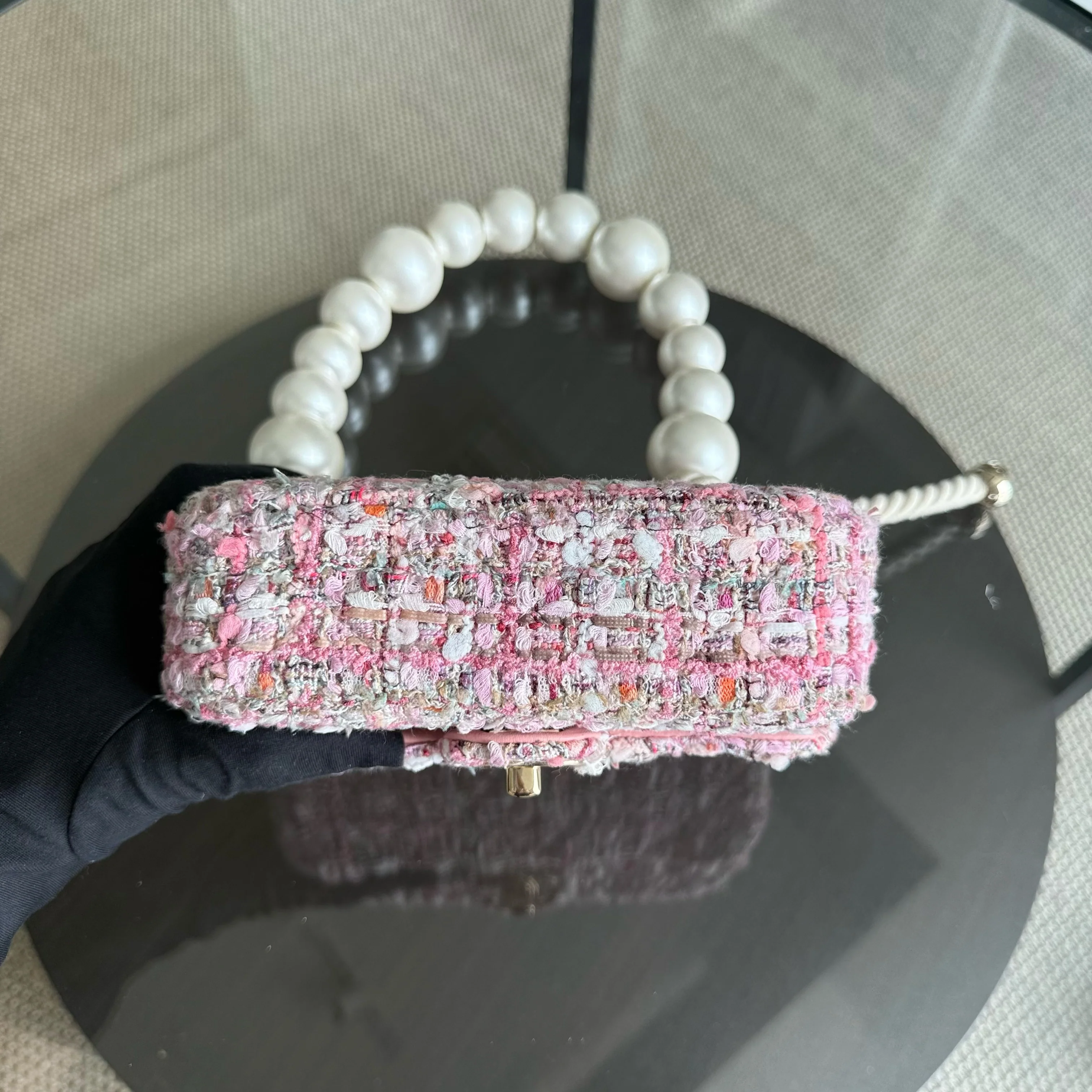 Chanel Classic Flap Mini Square Pearl Tweed - 20CM Pink Gold Hardware Series 27