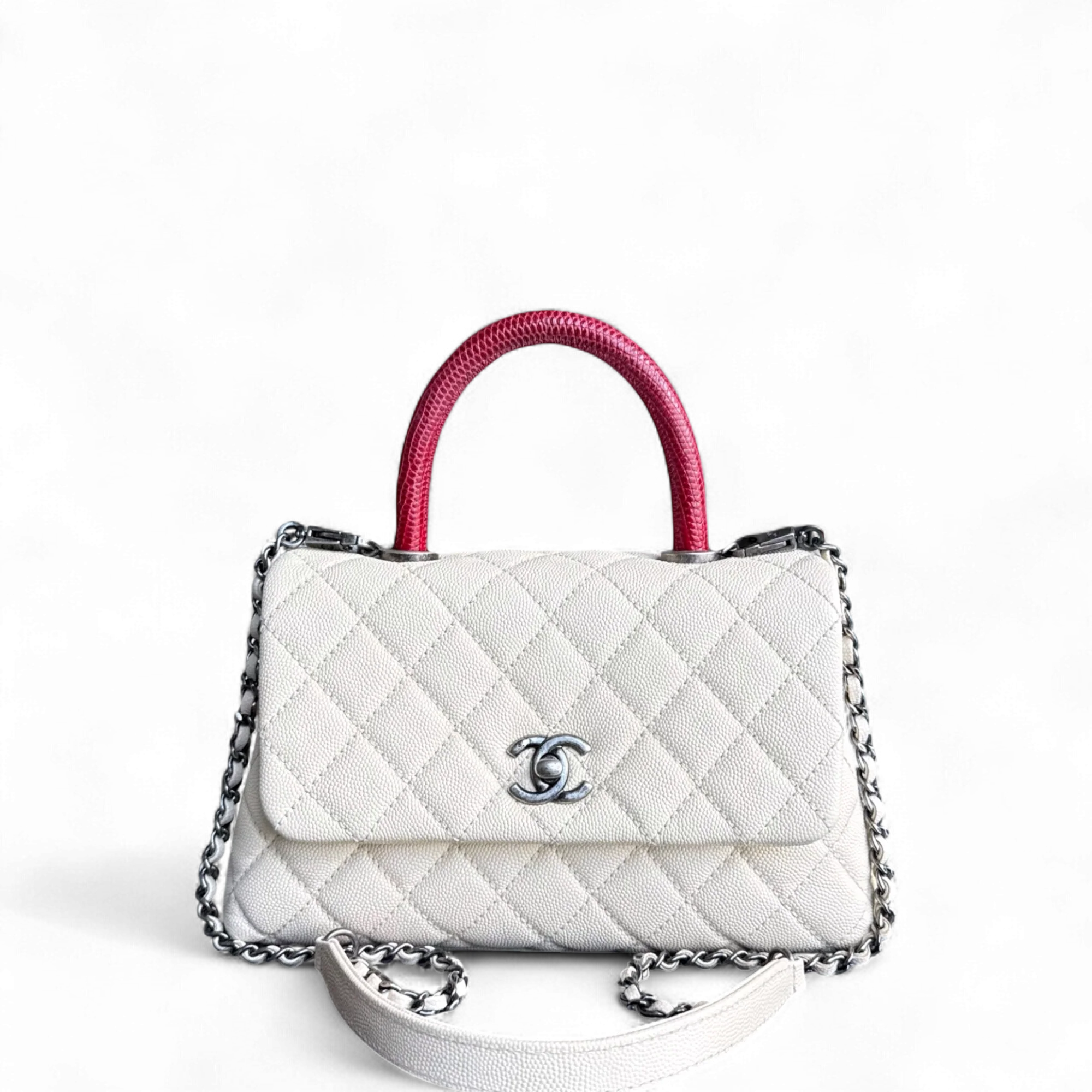 Chanel Coco Handle Small - Caviar Quilted Grained Calfskin White Ruthenium Silver Hardware