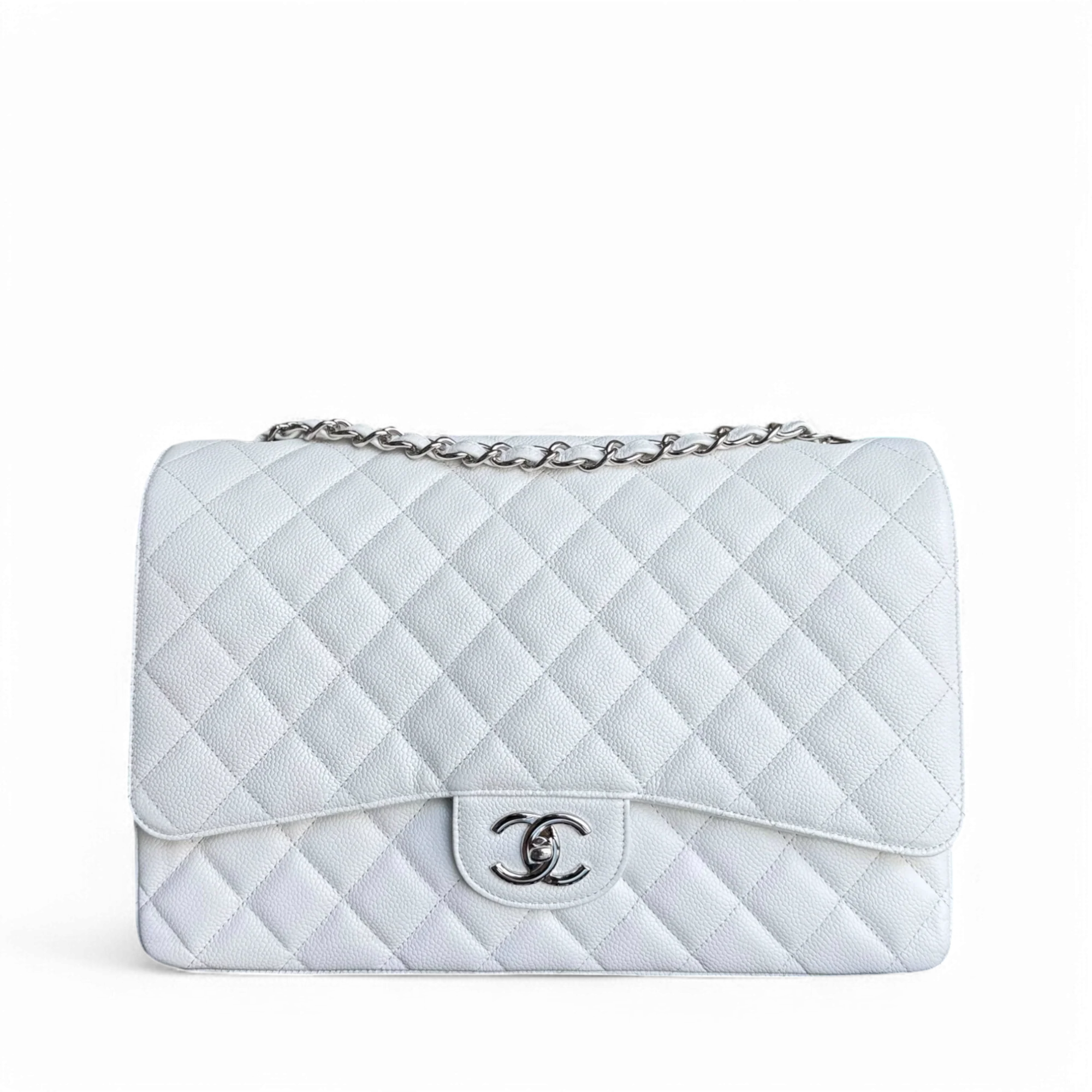 Chanel Classic Flap Maxi - Caviar Double Flap 33CM Quilted White Silver Hardware Series 14
