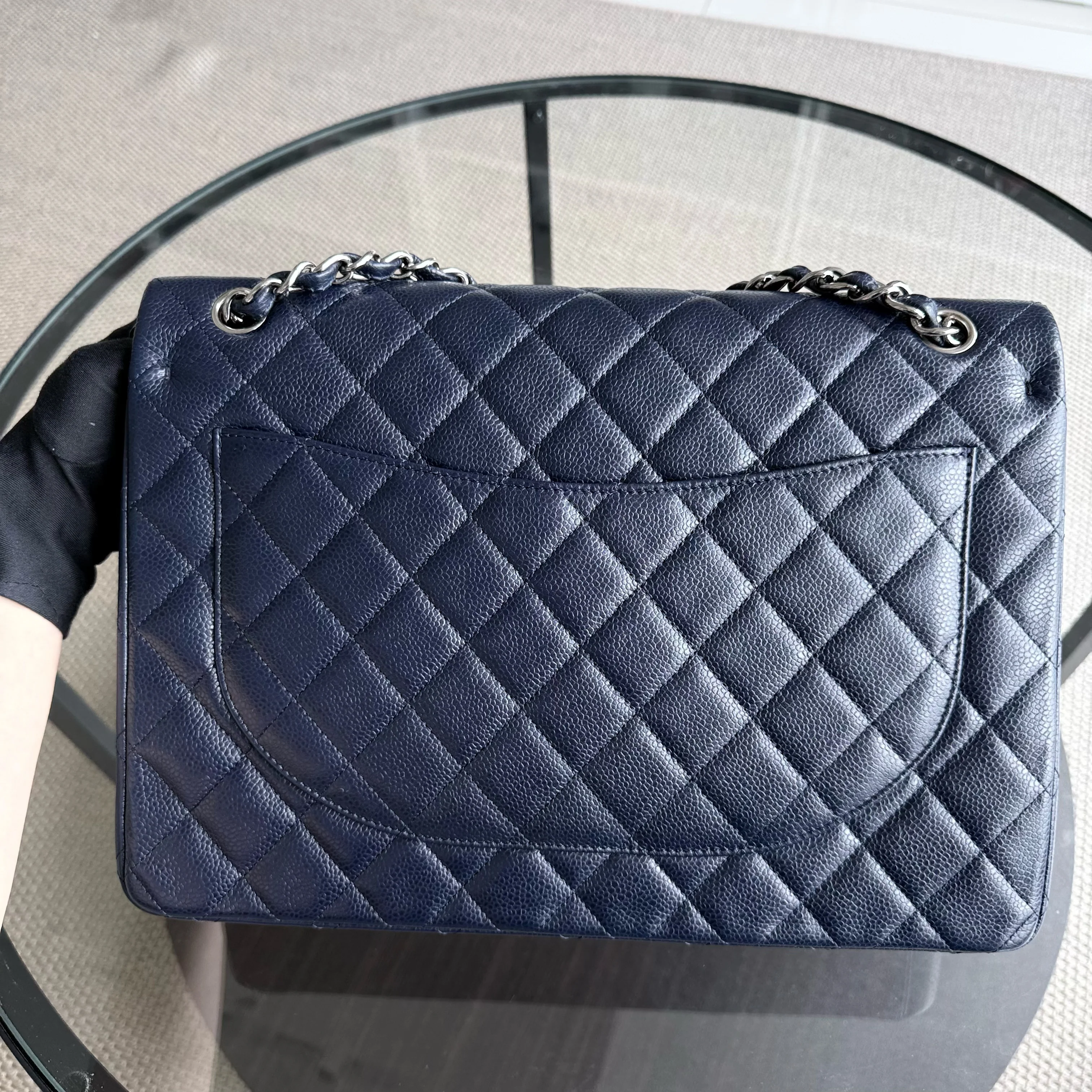 Chanel Classic Flap Maxi - Caviar Double Flap 33CM Quilted Grained Calfskin Dark Blue Silver Hardware Series 18