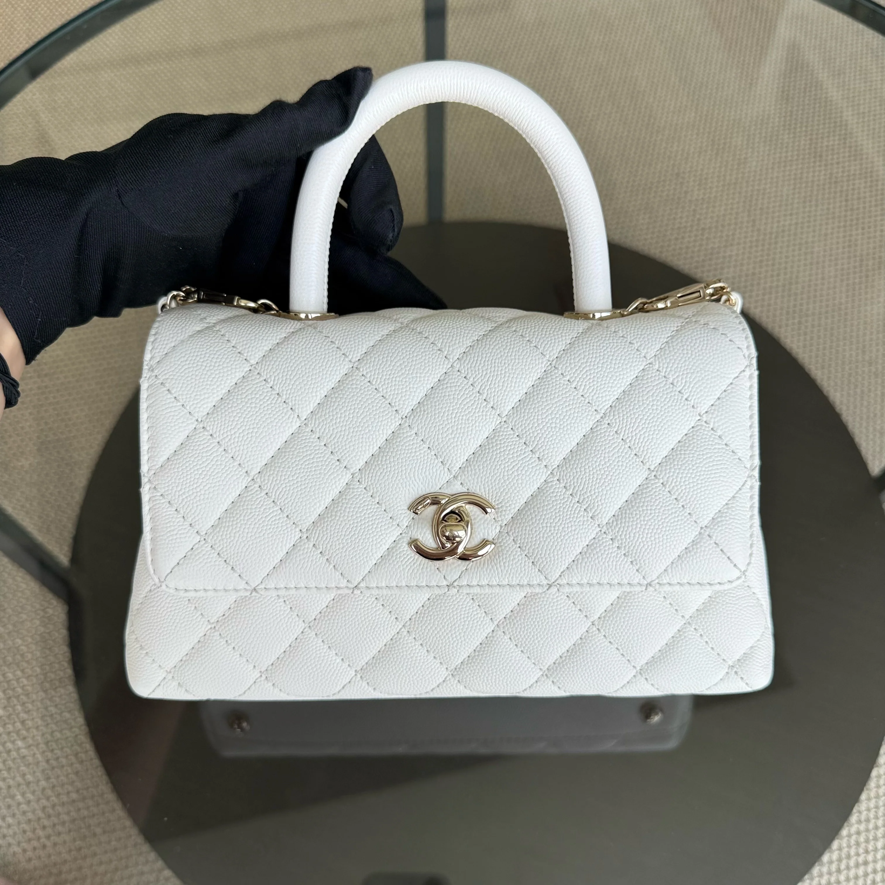 Chanel Coco Handle Small - Caviar Quilted Snow White Gold Hardware Microchip