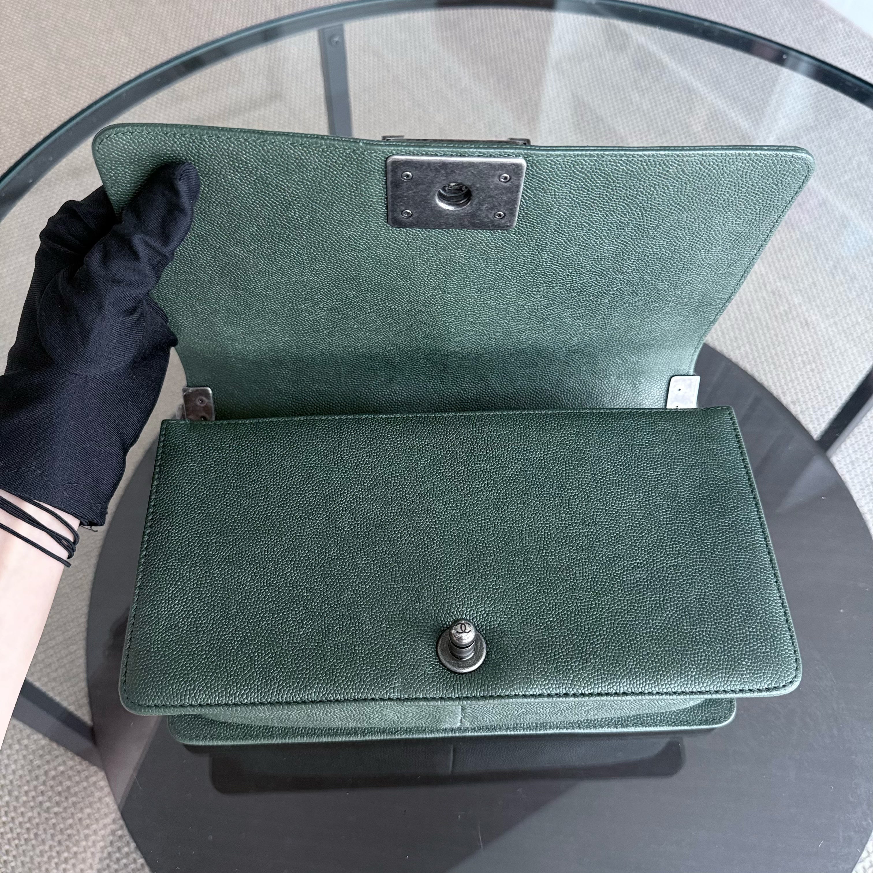 Chanel Boy Medium - Caviar 25CM Chevron Dark Green Ruthenium Silver Hardware Series 26