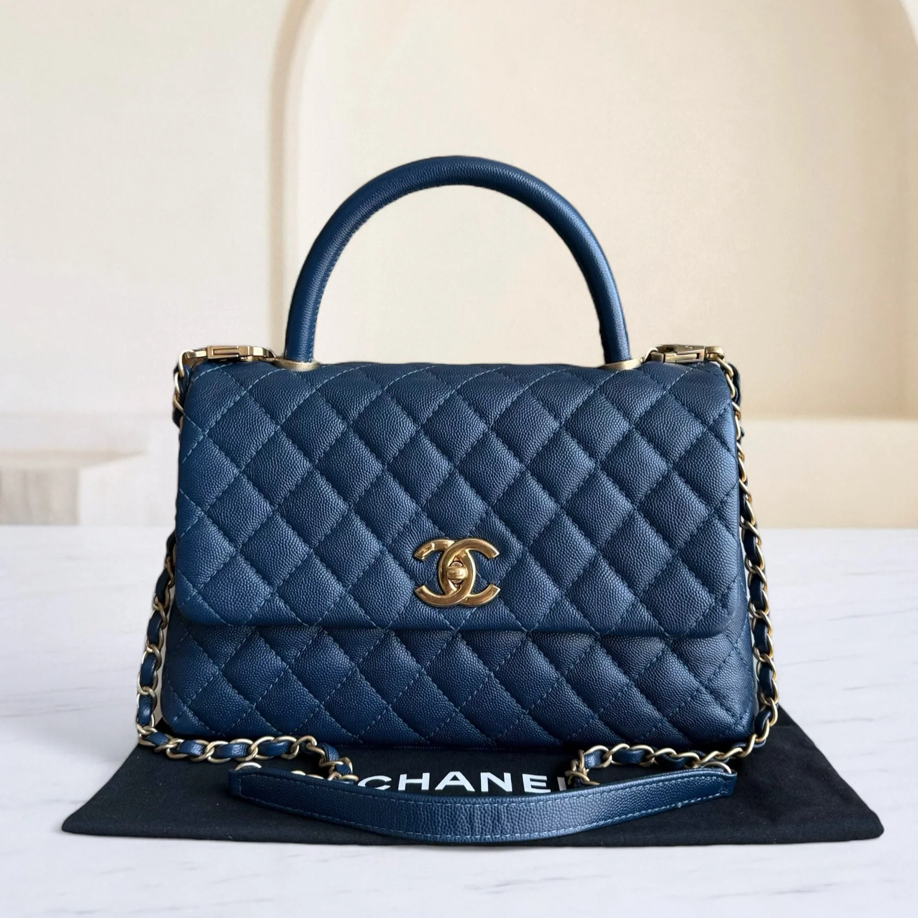 Chanel Coco Handle Medium - Caviar 29CM Quilted Dark Blue Gold Hardware Series 25