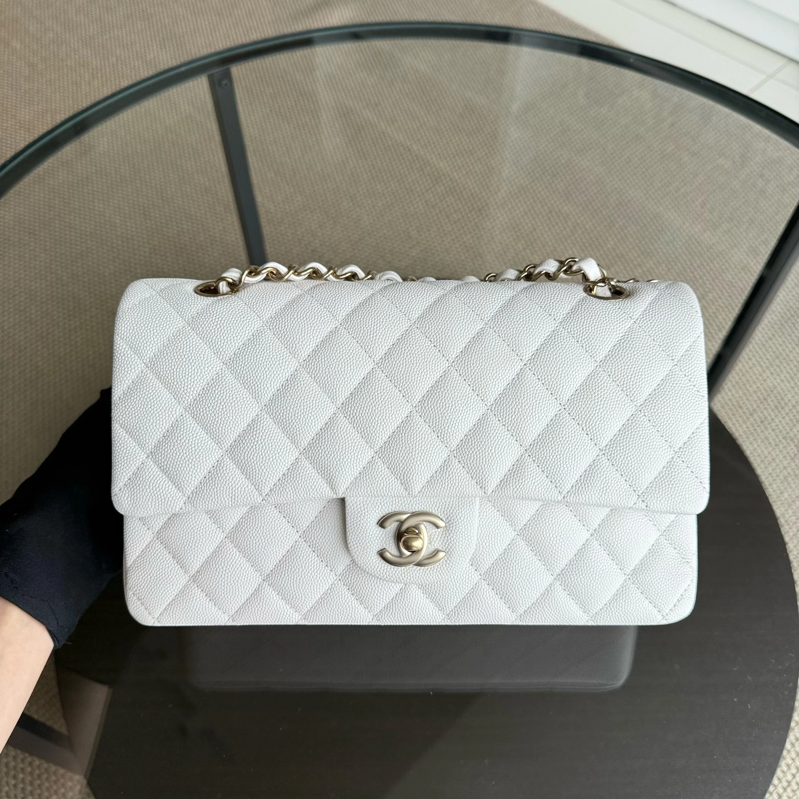 Chanel Classic Flap Medium - Caviar 25CM Quilted Snow White Gold Hardware Microchip