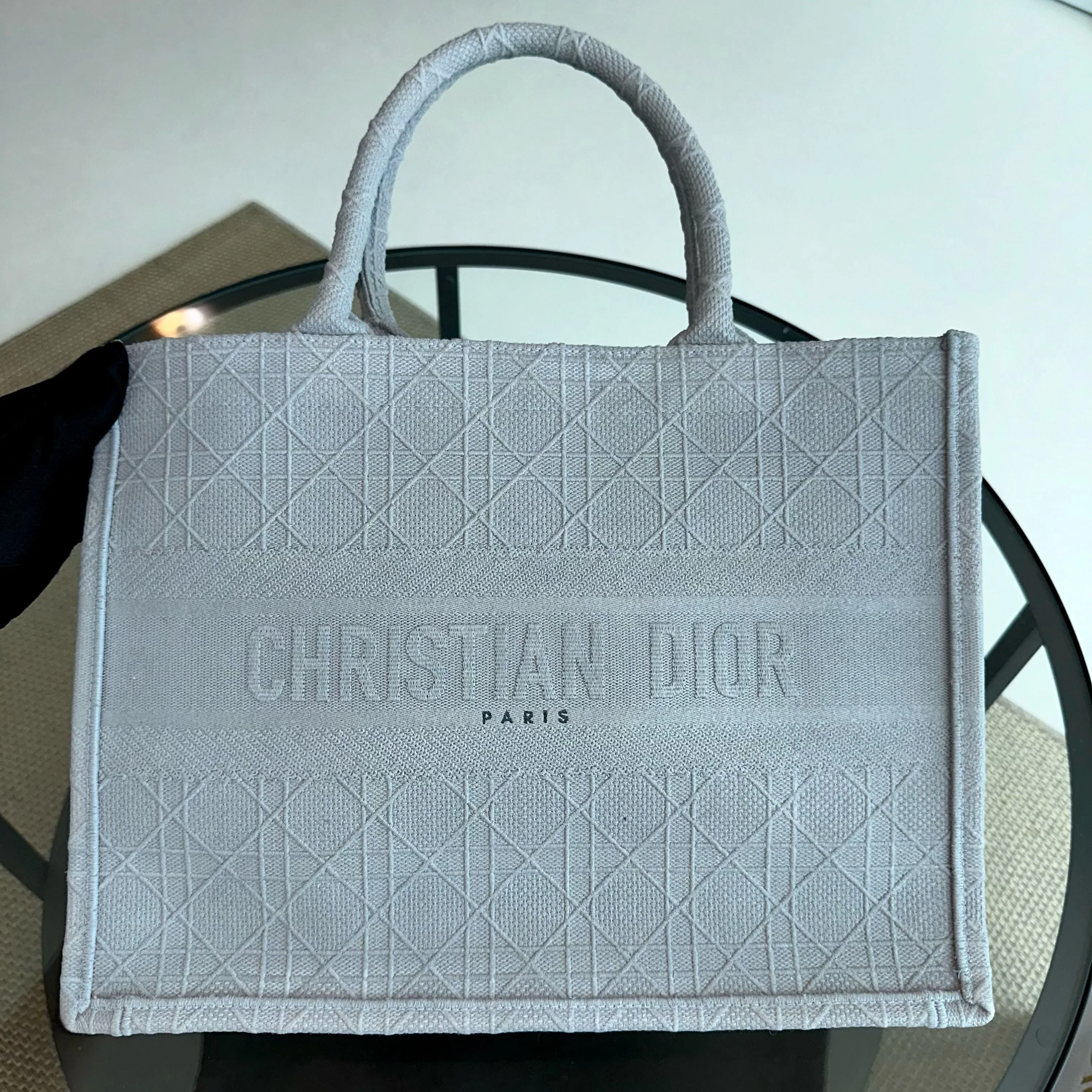 Dior Book Tote Medium Cannage Embroidery Canvas Gray Bag - Best Luxury Designers
