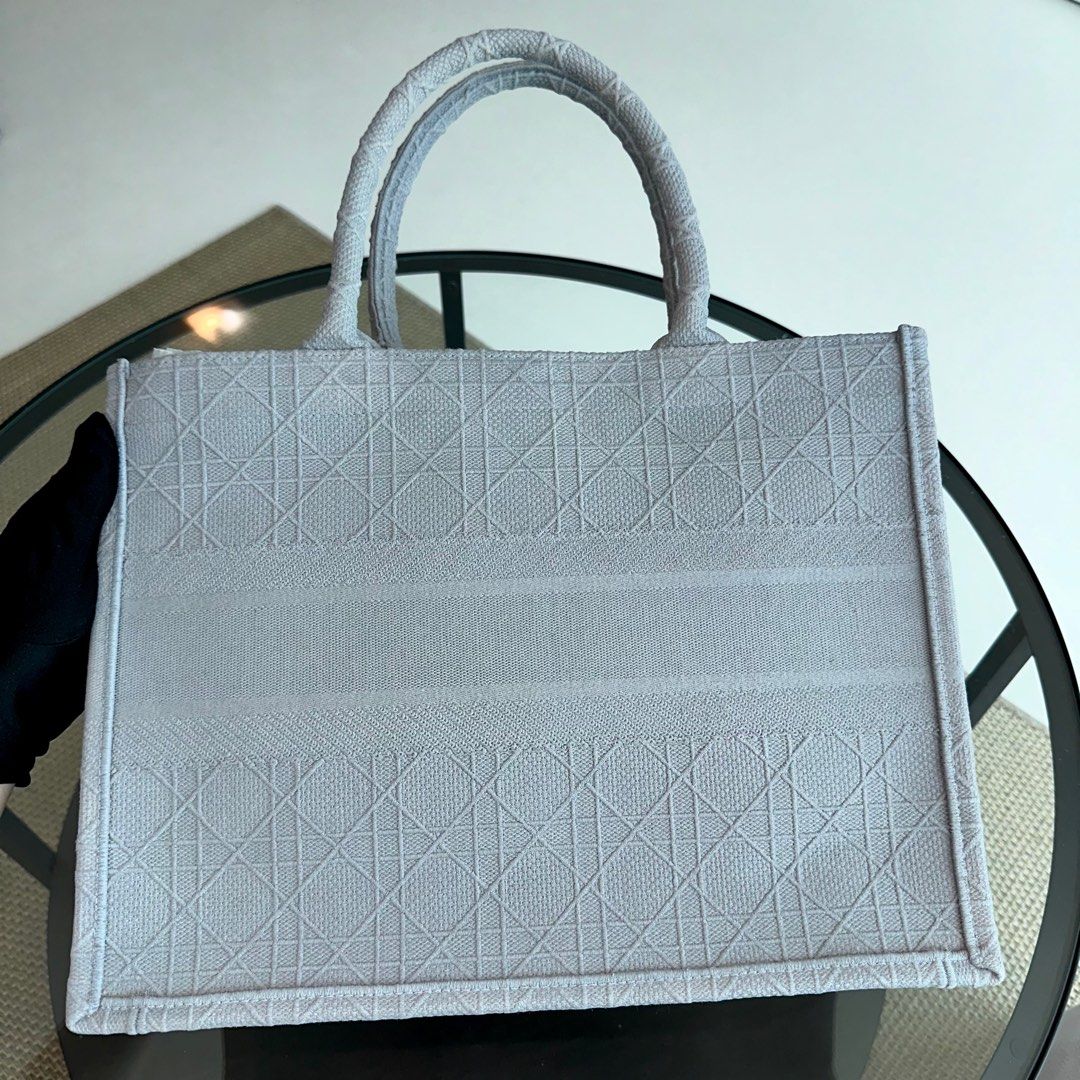 Dior Book Tote Medium Cannage Embroidery Canvas Gray Bag - Best Luxury Designers