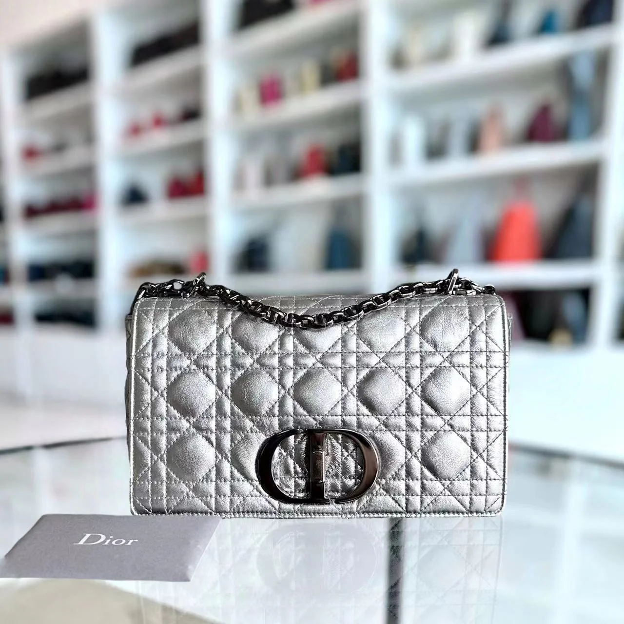 Dior Caro Medium Calfskin Cannage Silver Metallic Shoulder Bag Silver Hardware - Best Luxury Designers
