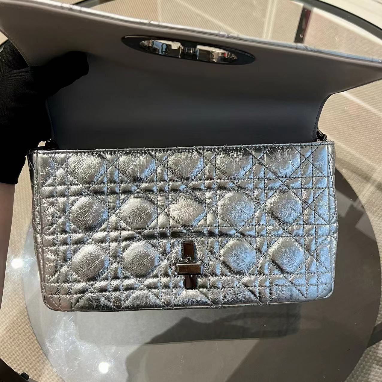Dior Caro Medium Calfskin Cannage Silver Metallic Shoulder Bag Silver Hardware - Best Luxury Designers
