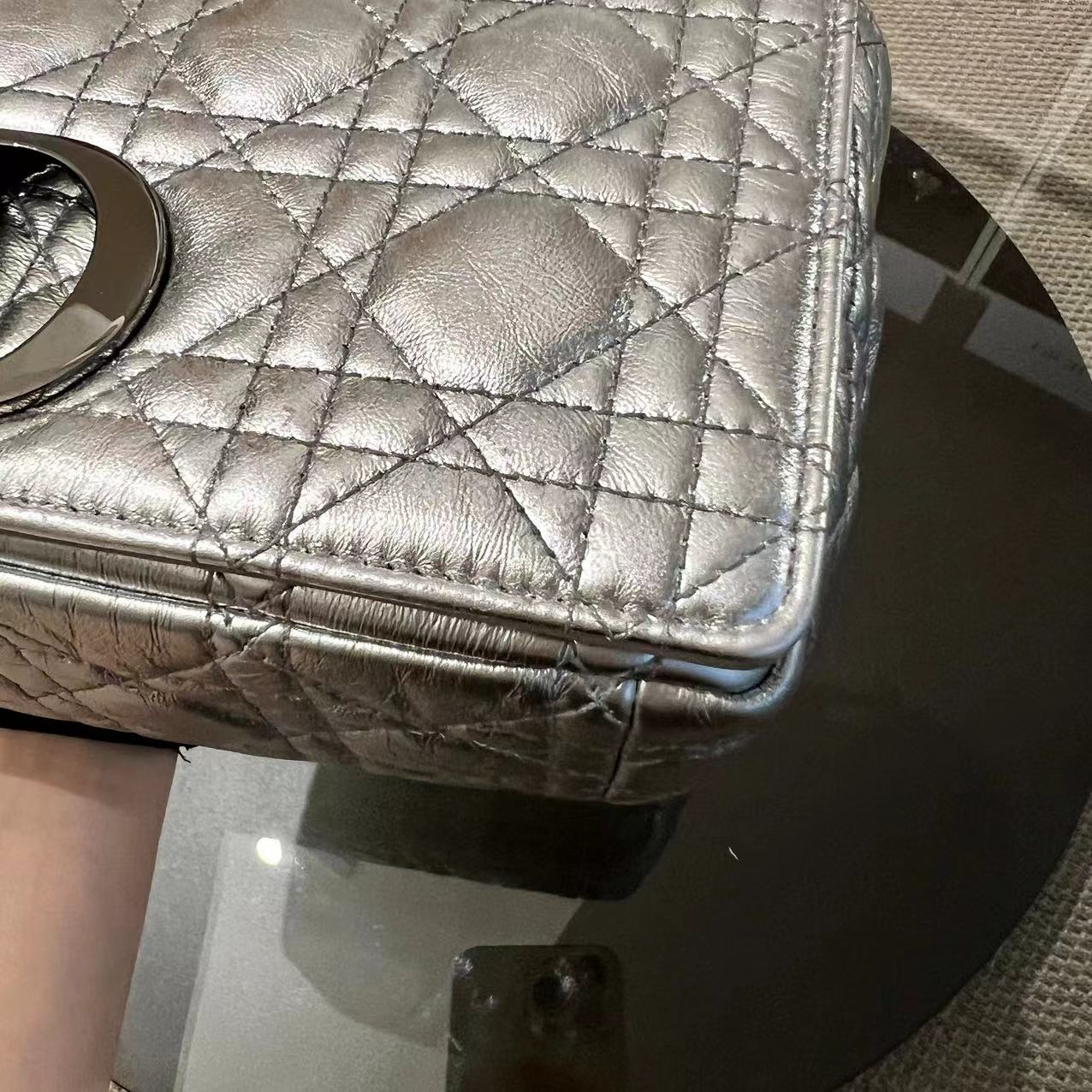 Dior Caro Medium Calfskin Cannage Silver Metallic Shoulder Bag Silver Hardware - Best Luxury Designers