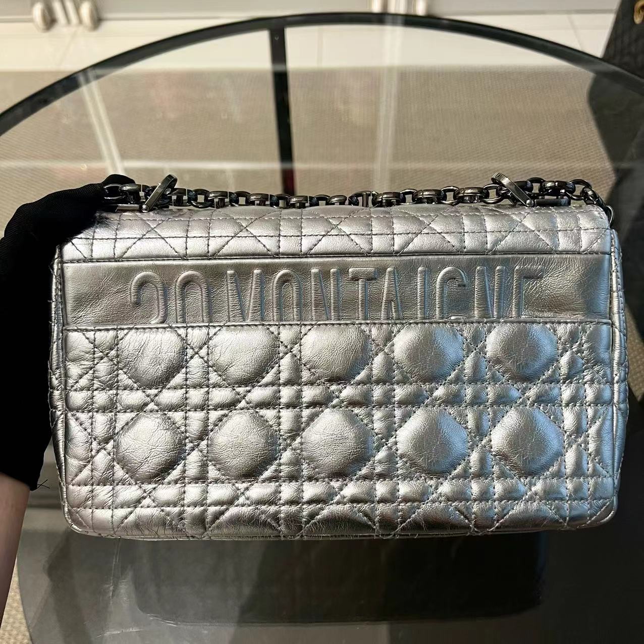 Dior Caro Medium Calfskin Cannage Silver Metallic Shoulder Bag Silver Hardware - Best Luxury Designers