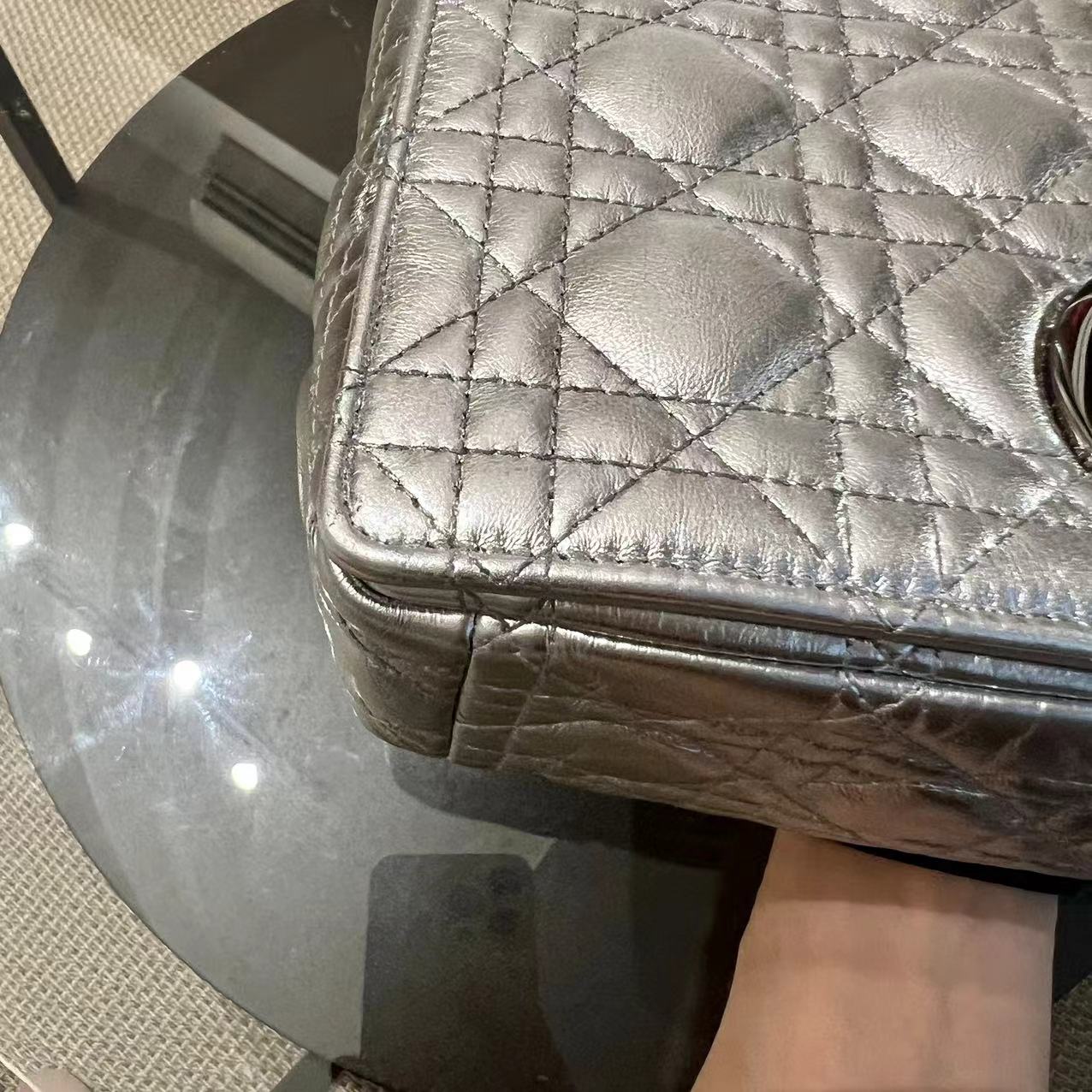 Dior Caro Medium Calfskin Cannage Silver Metallic Shoulder Bag Silver Hardware - Best Luxury Designers
