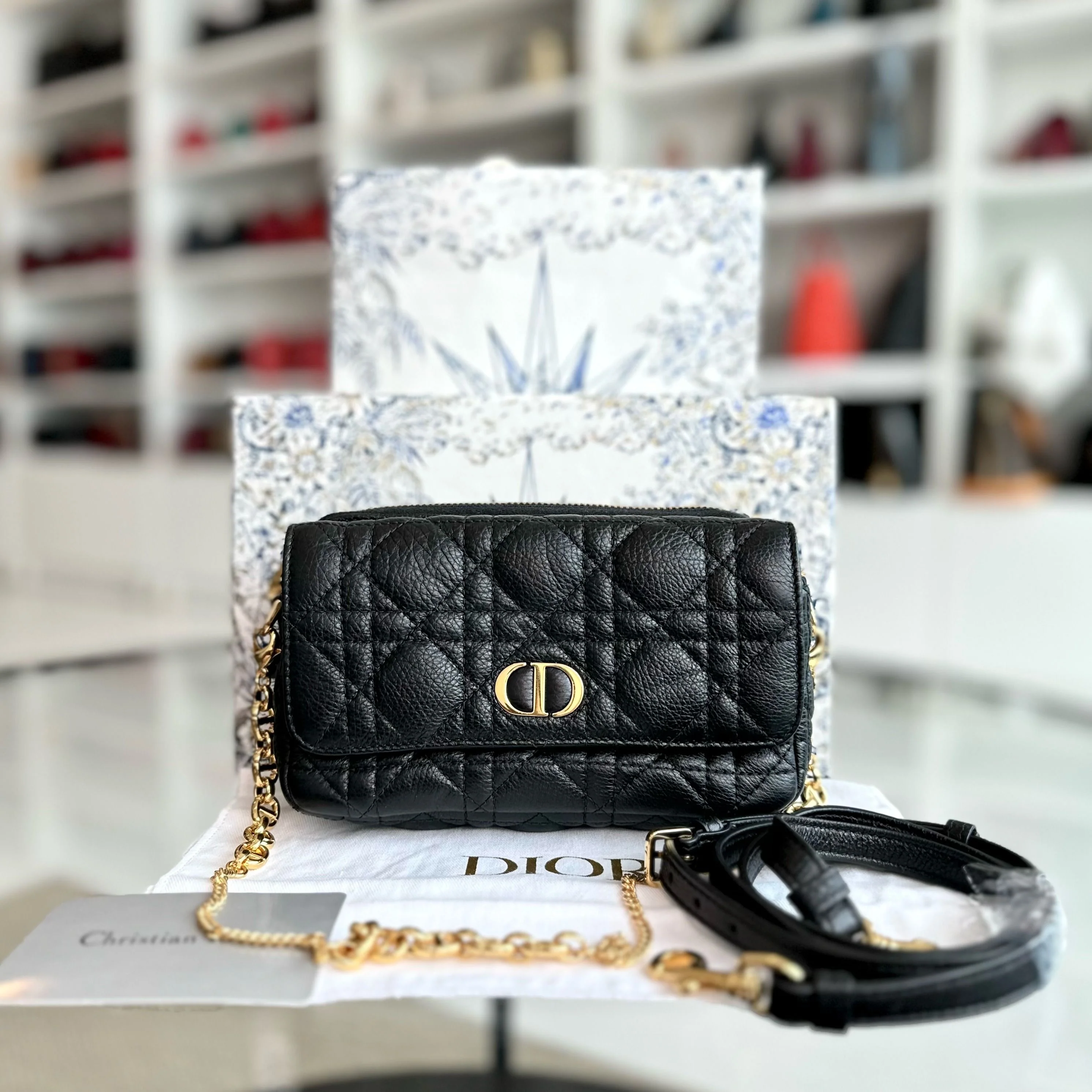 Dior Caro Pouch WOC Wallet On Chain Cannage Grained Calfskin Black GHW - Best Luxury Designers