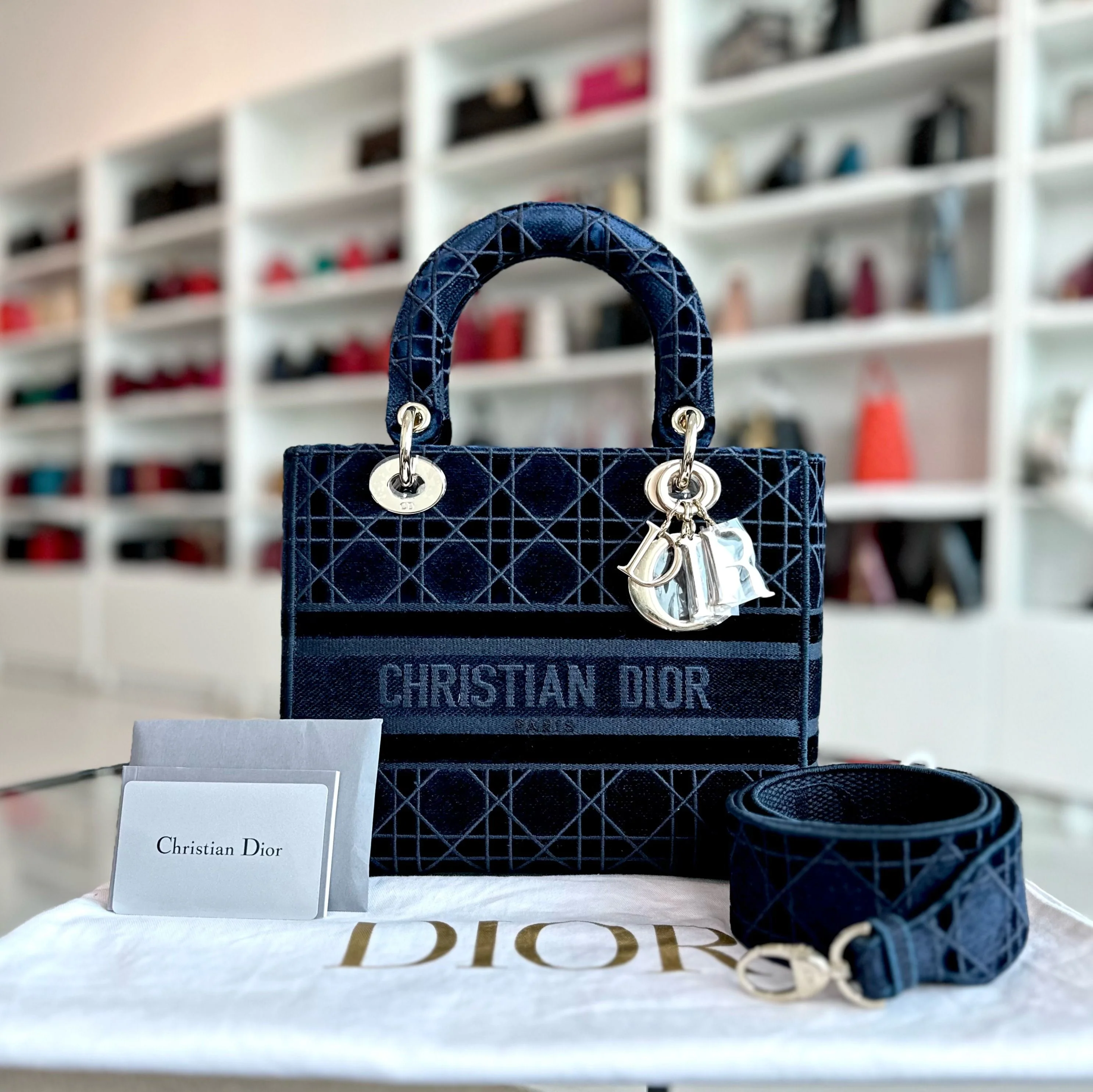 Dior Lady D-Lite Cannage Embroidered Velvet Dark Blue GHW - Best Luxury Designers