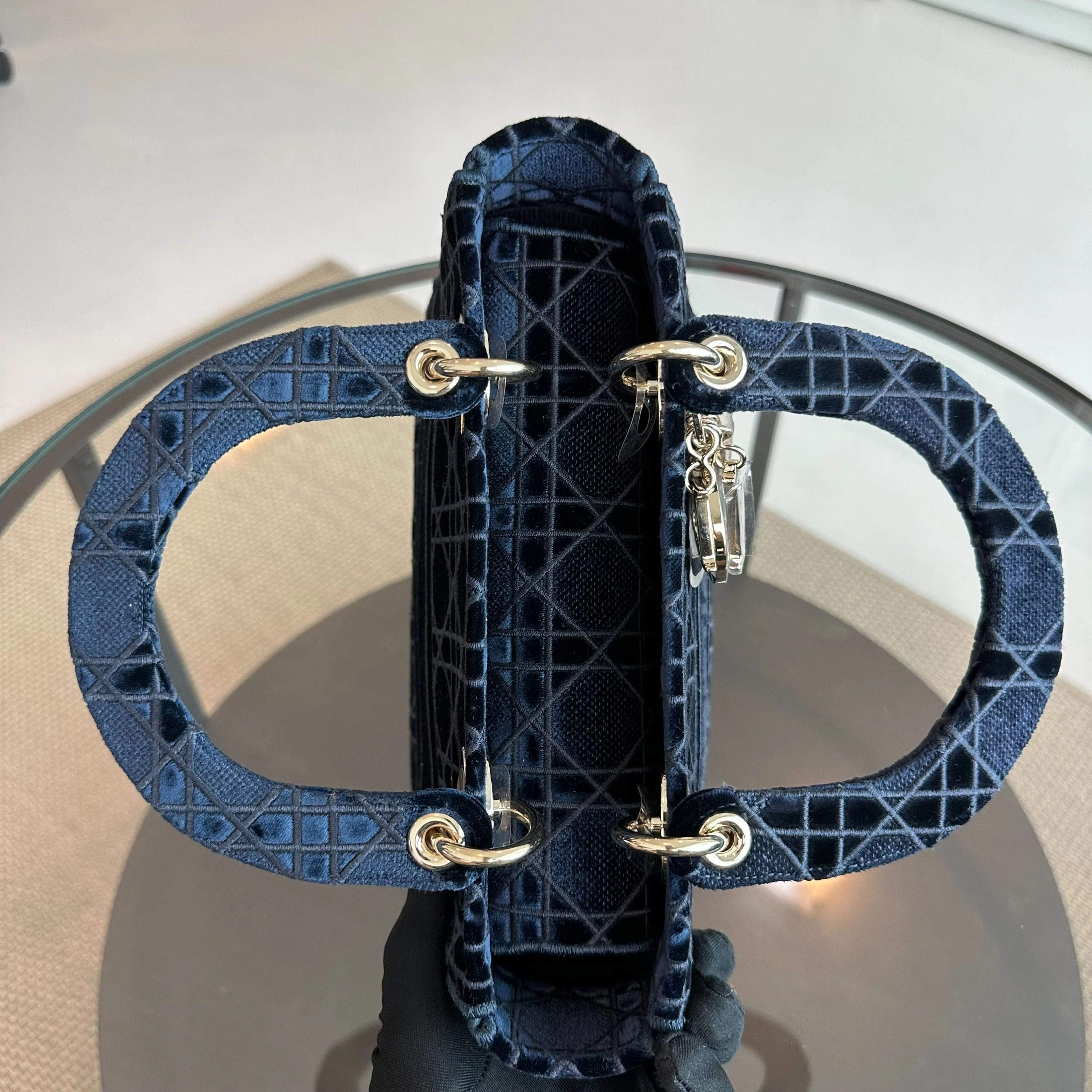 Dior Lady D-Lite Cannage Embroidered Velvet Dark Blue GHW - Best Luxury Designers