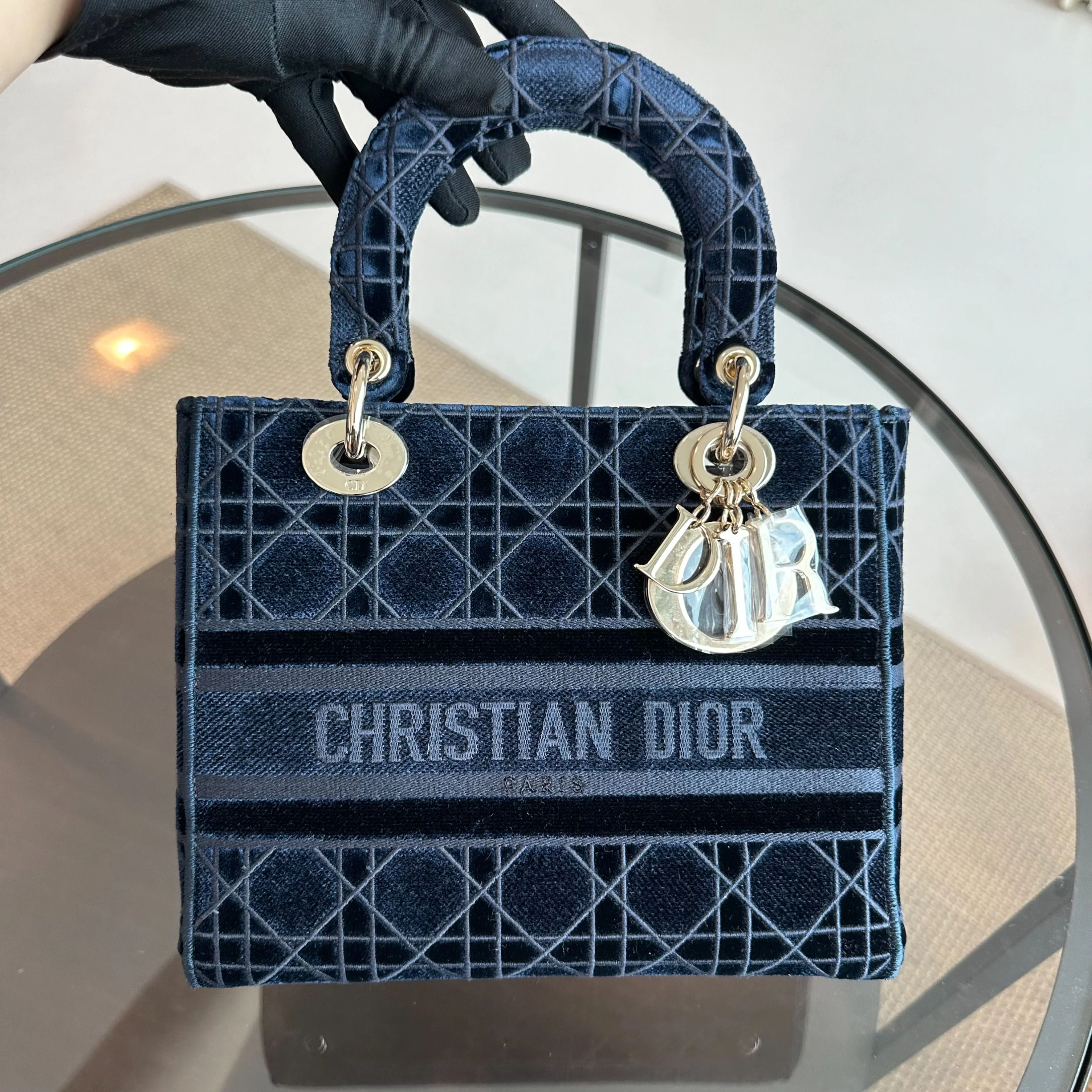 Dior Lady D-Lite Cannage Embroidered Velvet Dark Blue GHW - Best Luxury Designers
