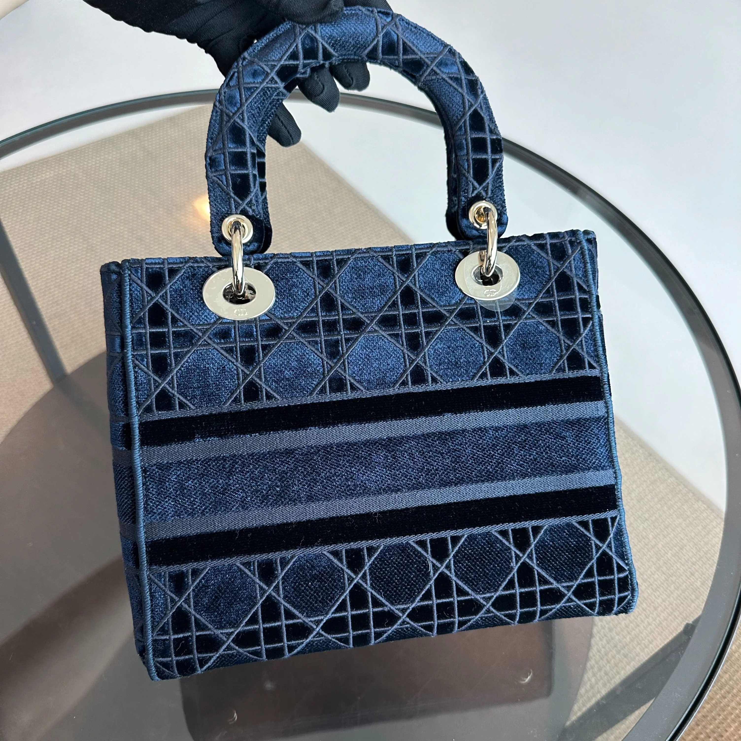 Dior Lady D-Lite Cannage Embroidered Velvet Dark Blue GHW - Best Luxury Designers