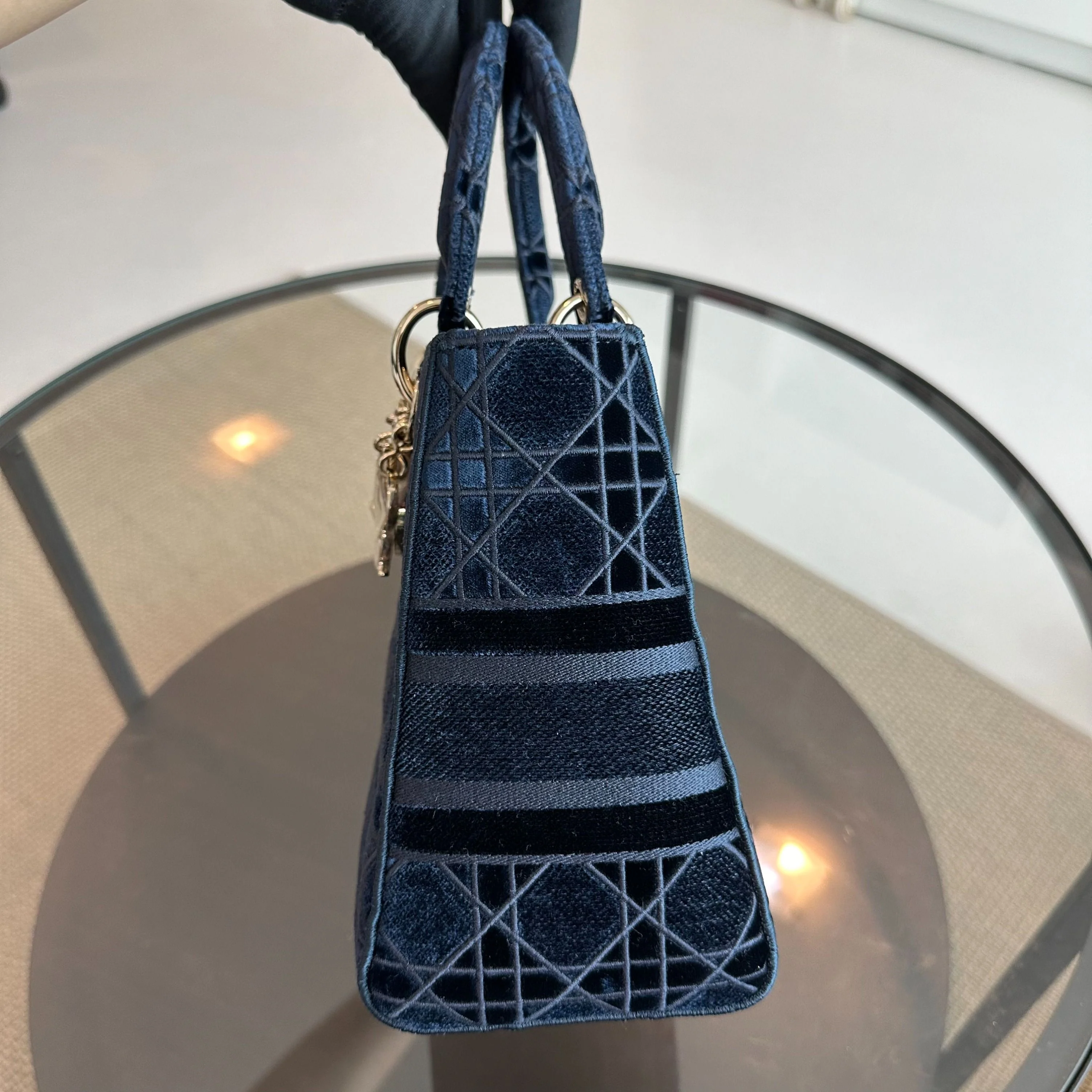 Dior Lady D-Lite Cannage Embroidered Velvet Dark Blue GHW - Best Luxury Designers