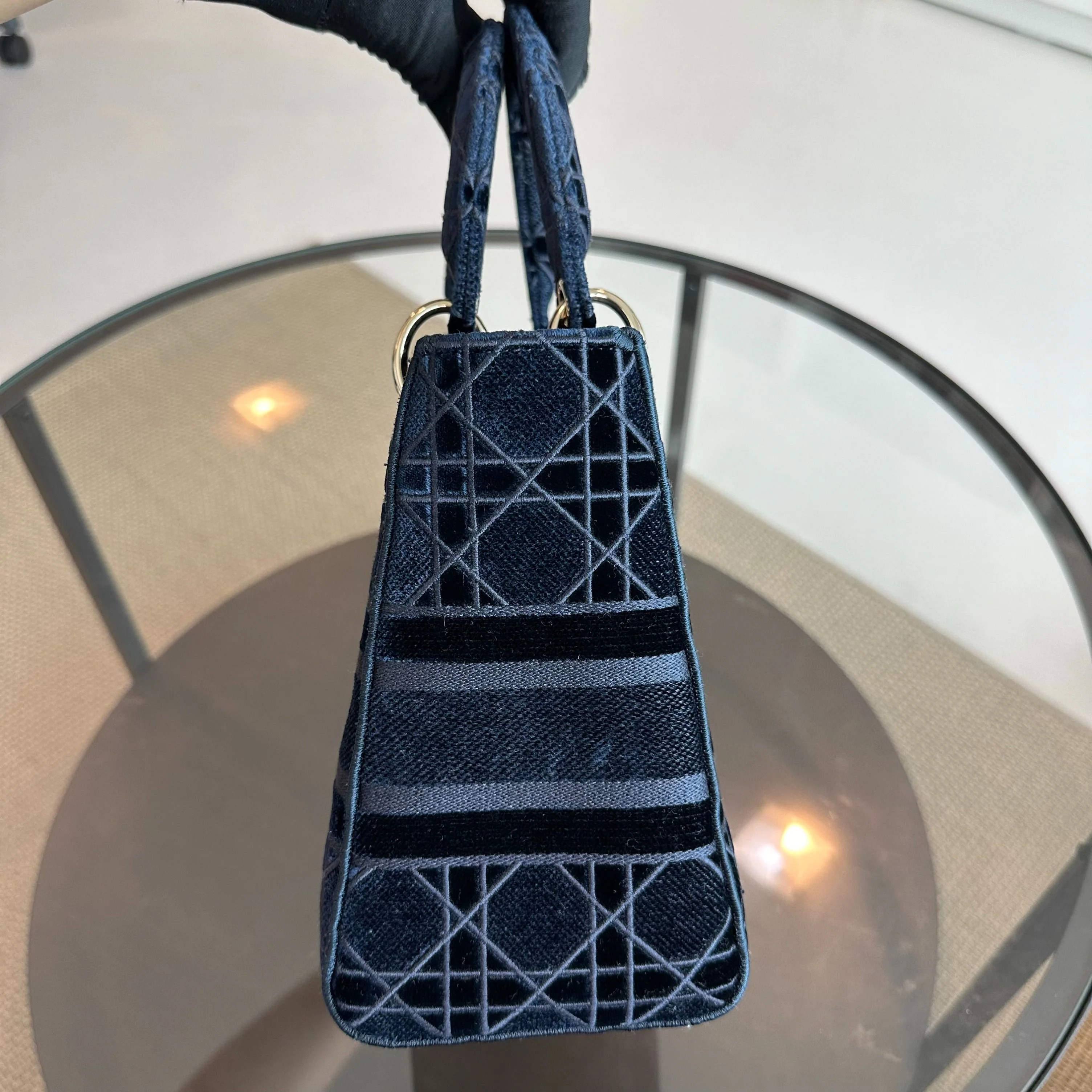 Dior Lady D-Lite Cannage Embroidered Velvet Dark Blue GHW - Best Luxury Designers