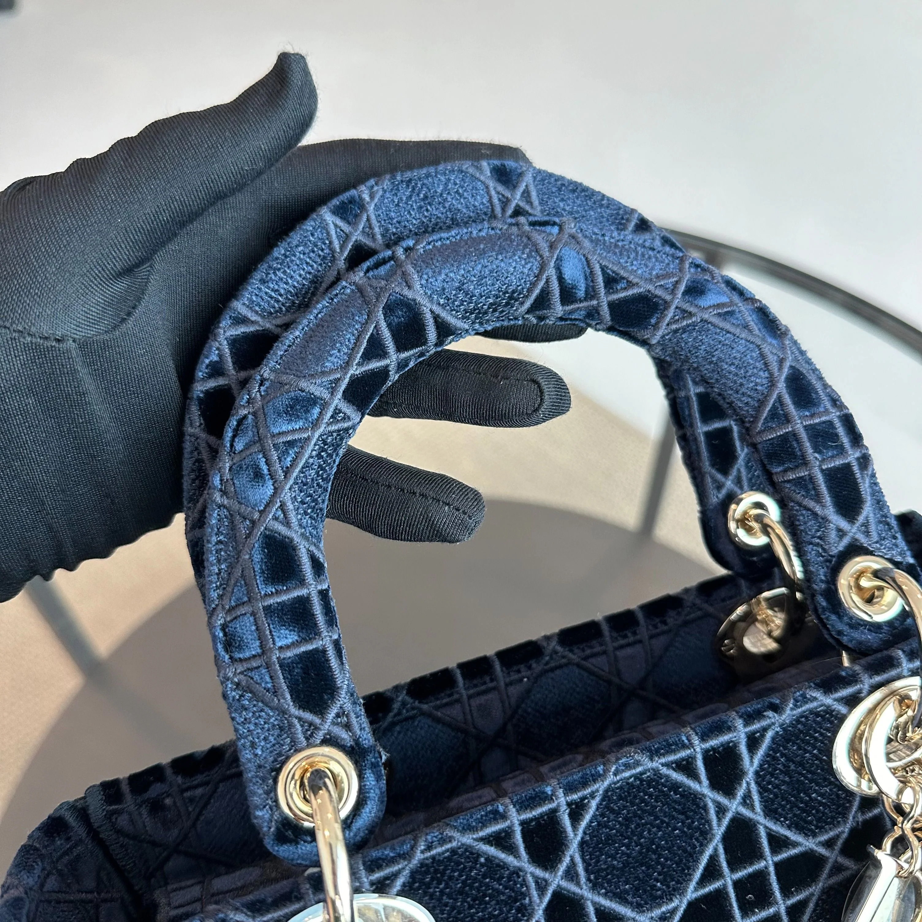 Dior Lady D-Lite Cannage Embroidered Velvet Dark Blue GHW - Best Luxury Designers