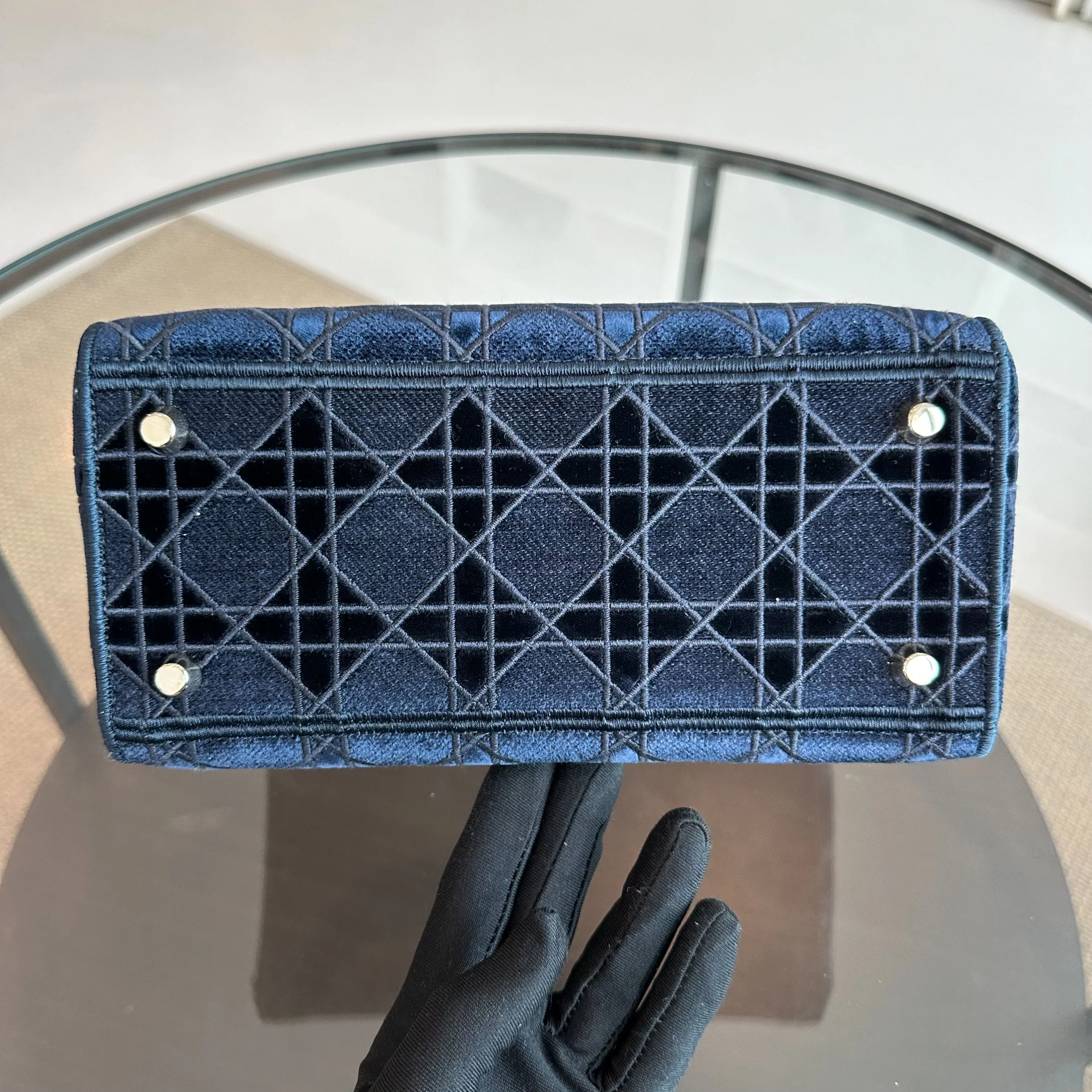 Dior Lady D-Lite Cannage Embroidered Velvet Dark Blue GHW - Best Luxury Designers