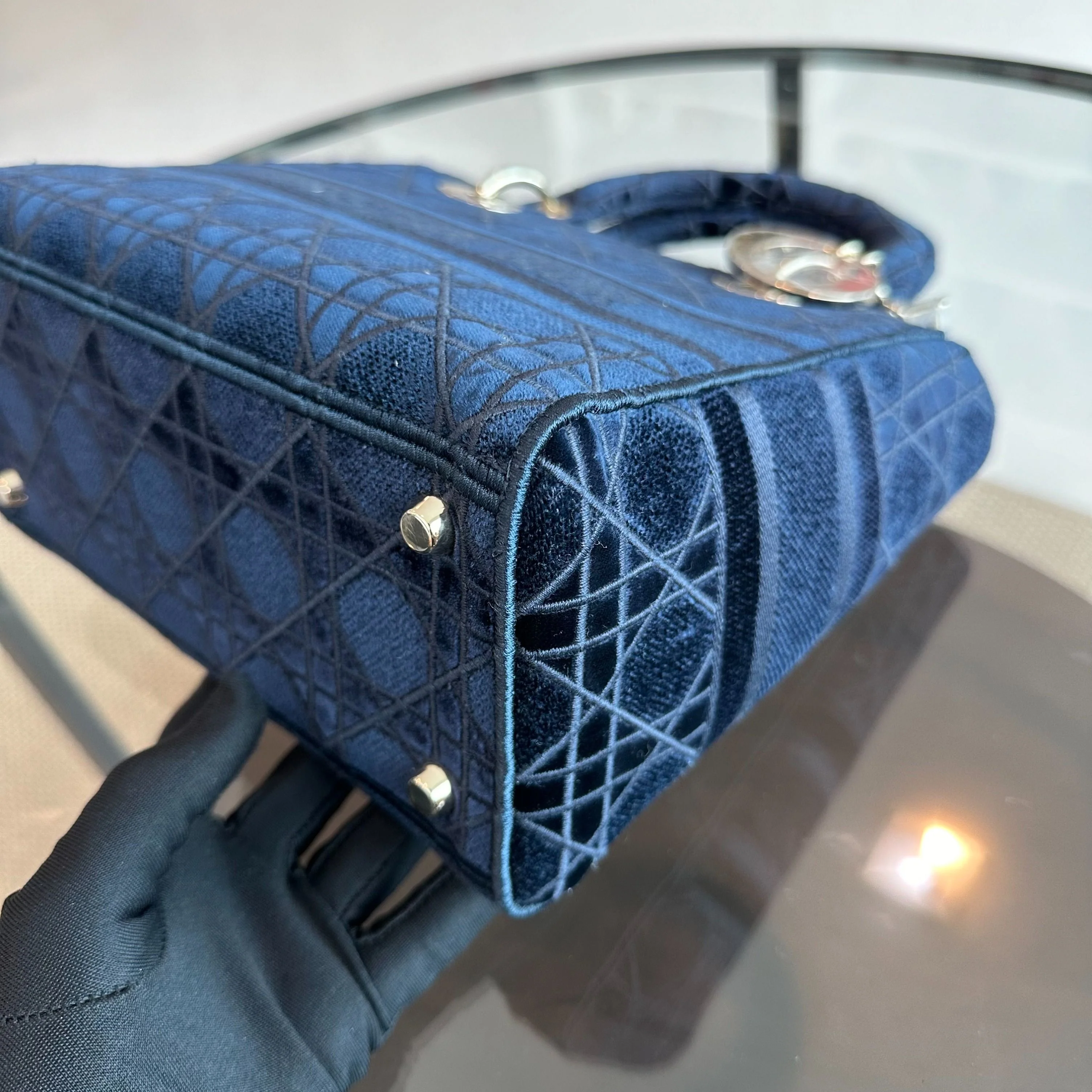Dior Lady D-Lite Cannage Embroidered Velvet Dark Blue GHW - Best Luxury Designers