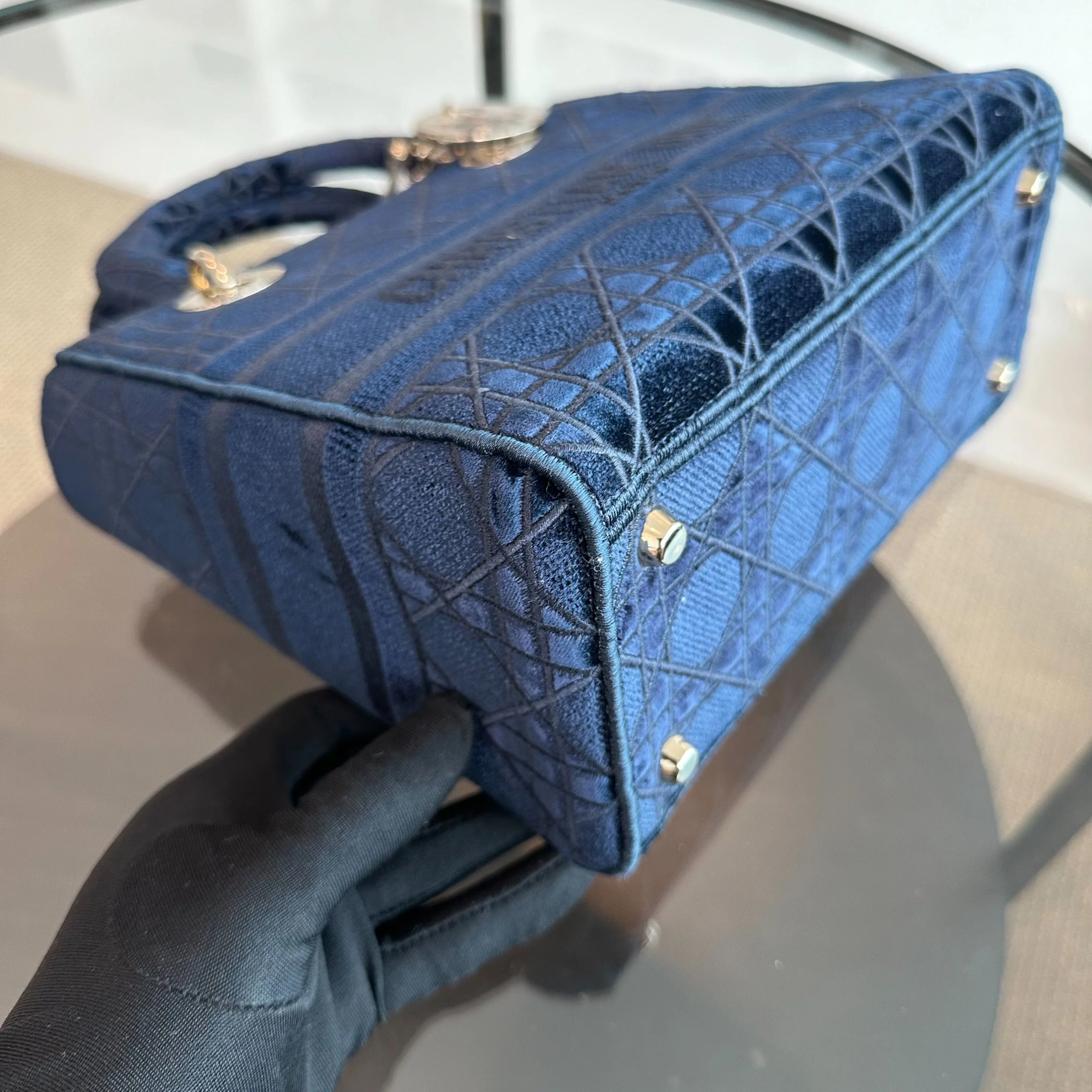 Dior Lady D-Lite Cannage Embroidered Velvet Dark Blue GHW - Best Luxury Designers