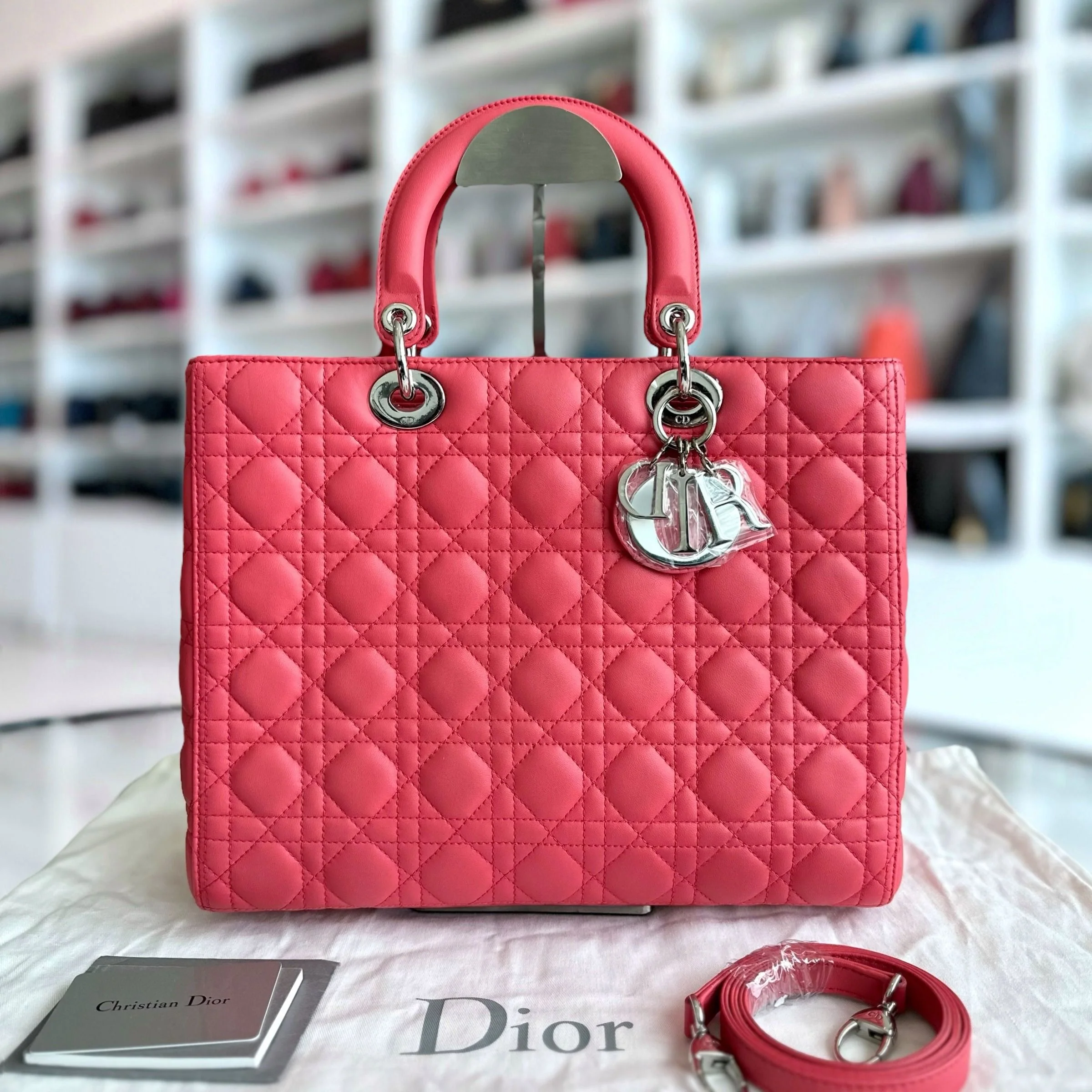 Dior Lady Large Lambskin Cannage Hot Pink SHW - Best Luxury Designers