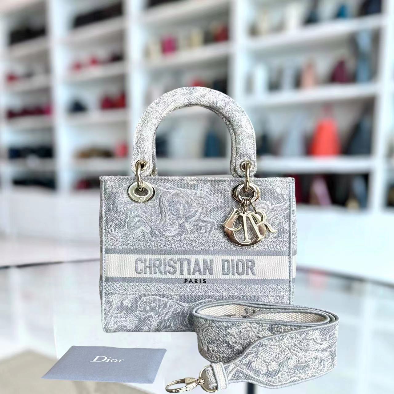 Dior Lady Medium D-Lite Toile de Joue Embroidery Grey LGHW - Best Luxury Designers