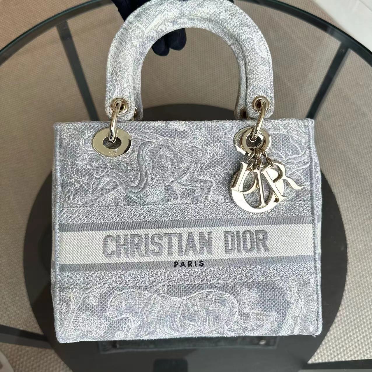 Dior Lady Medium D-Lite Toile de Joue Embroidery Grey LGHW - Best Luxury Designers