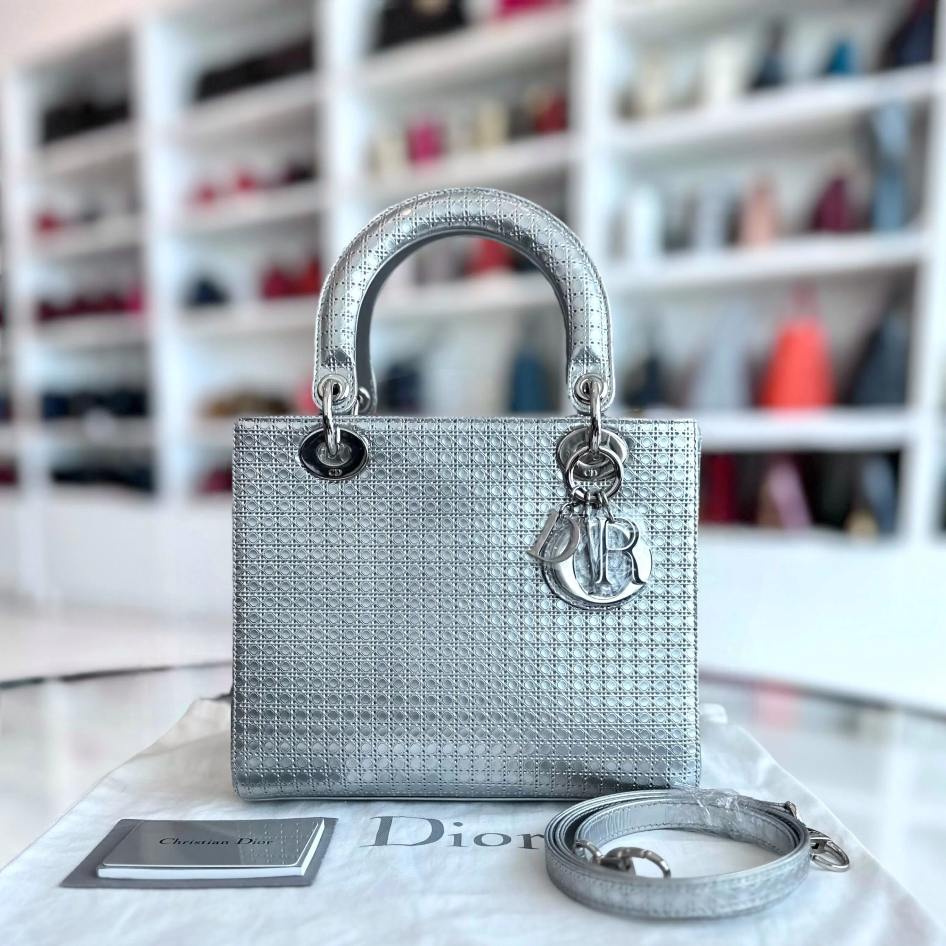 Dior Lady Medium Micro-Cannage Metallic Calfskin Limited Edition Silver SHW - Best Luxury Designers