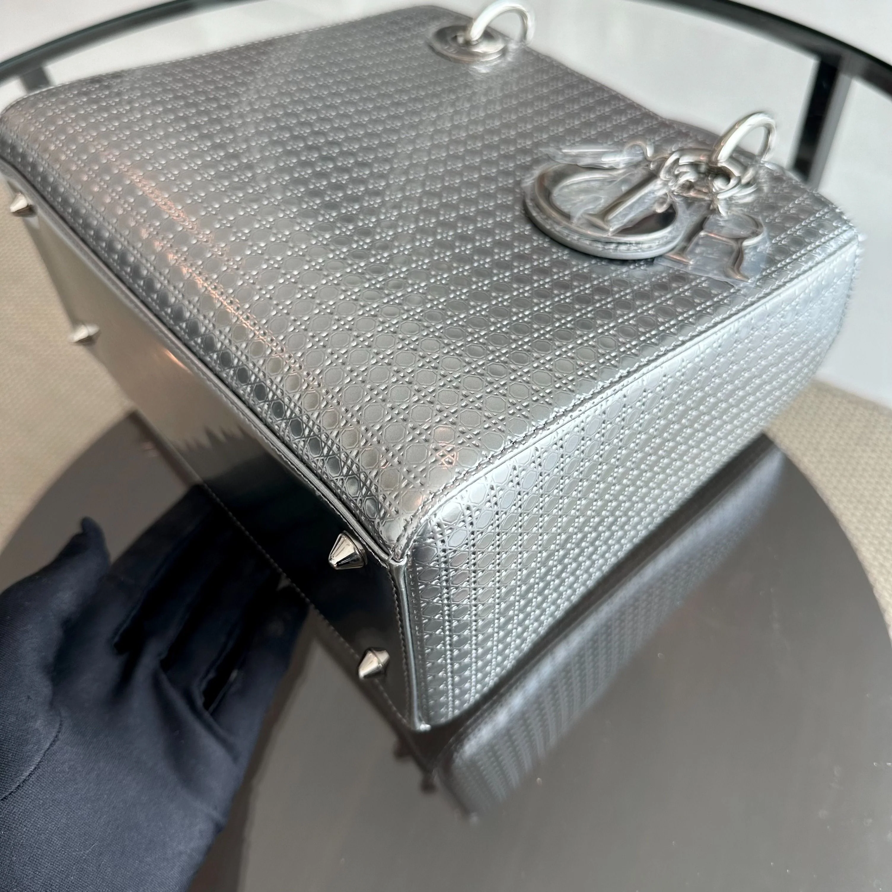 Dior Lady Medium Micro-Cannage Metallic Calfskin Limited Edition Silver SHW - Best Luxury Designers