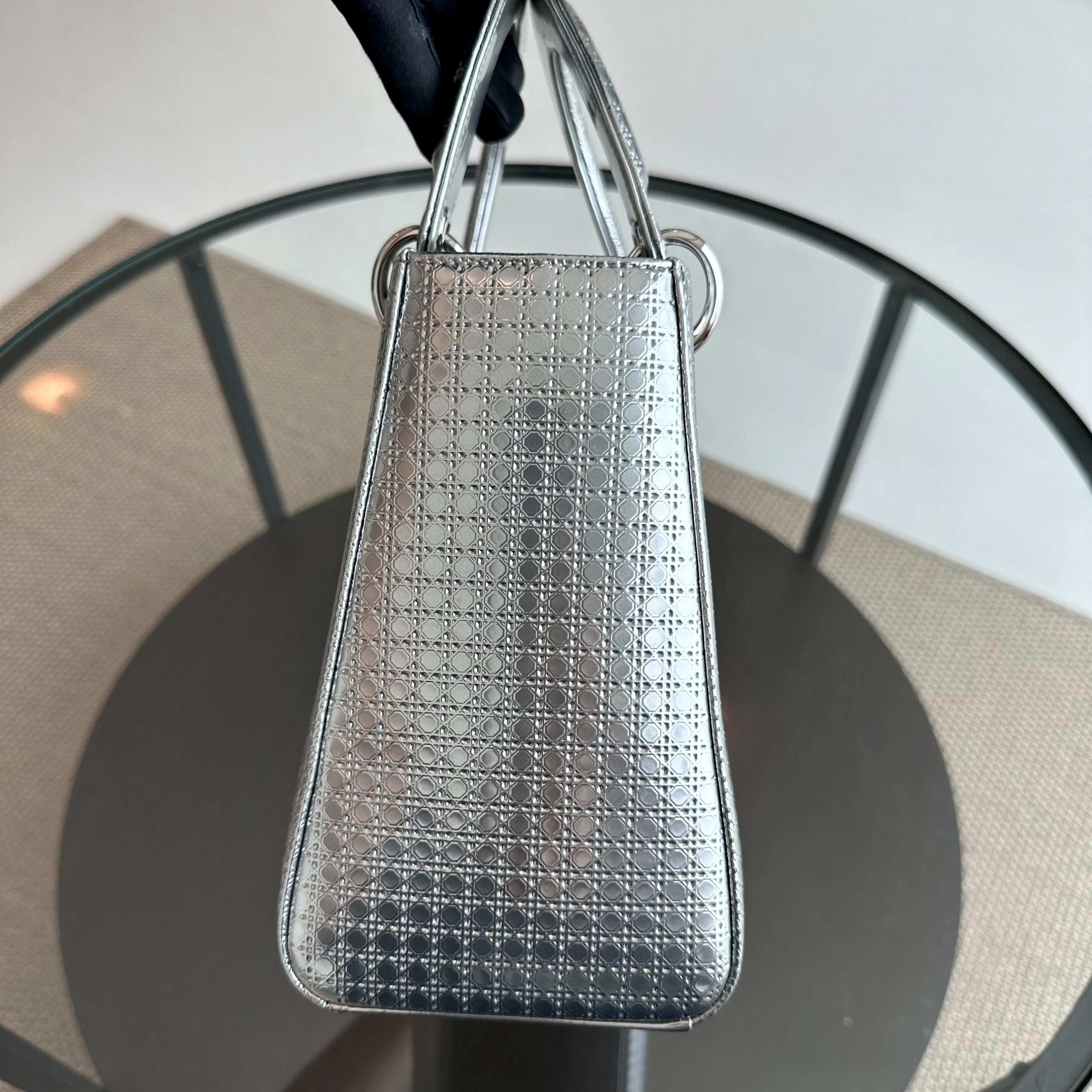Dior Lady Medium Micro-Cannage Metallic Calfskin Limited Edition Silver SHW - Best Luxury Designers