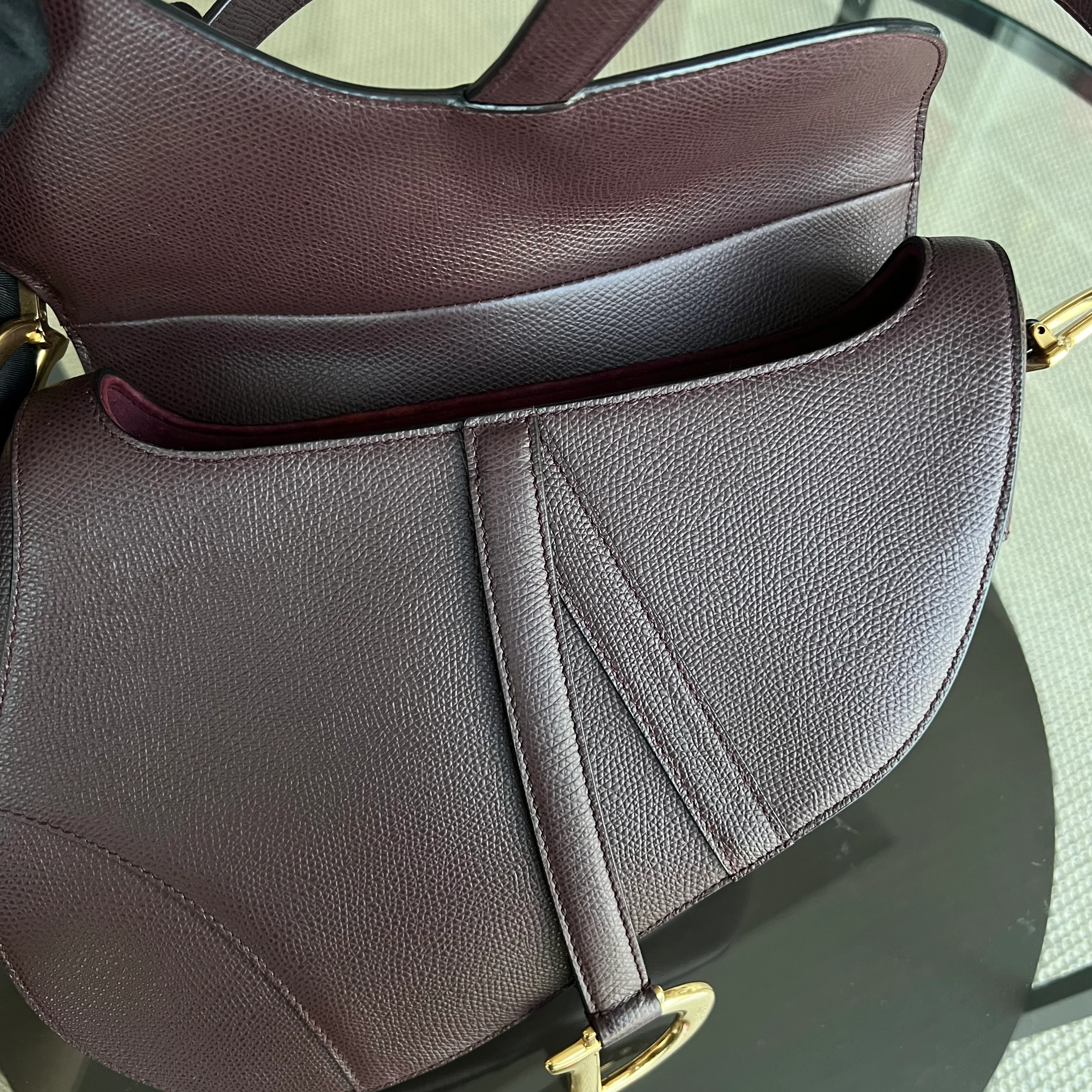 Dior Medium Saddle 25CM Grained Calfskin Burgundy Golden Hardware - Best Luxury Designers