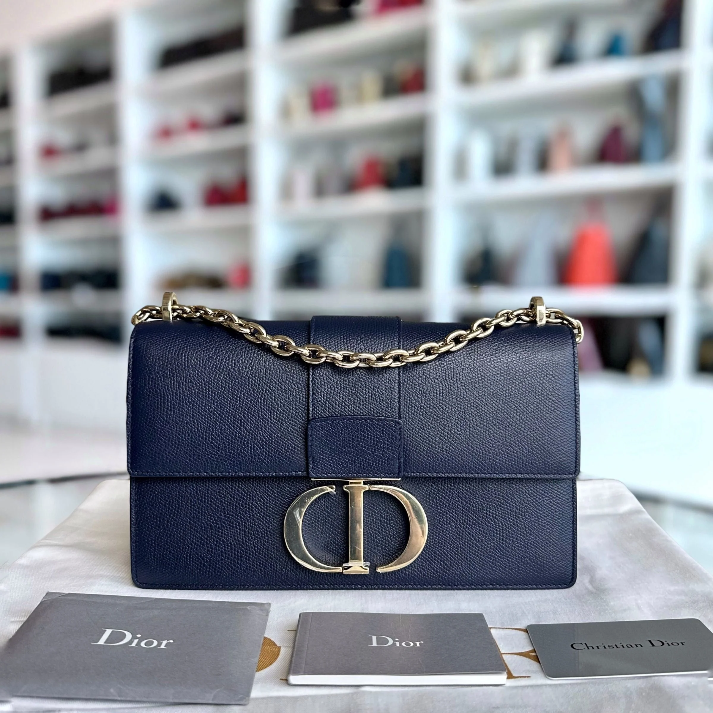 Dior Montaigne 30 East West Grained Calfskin Dark Blue LGHW - Best Luxury Designers