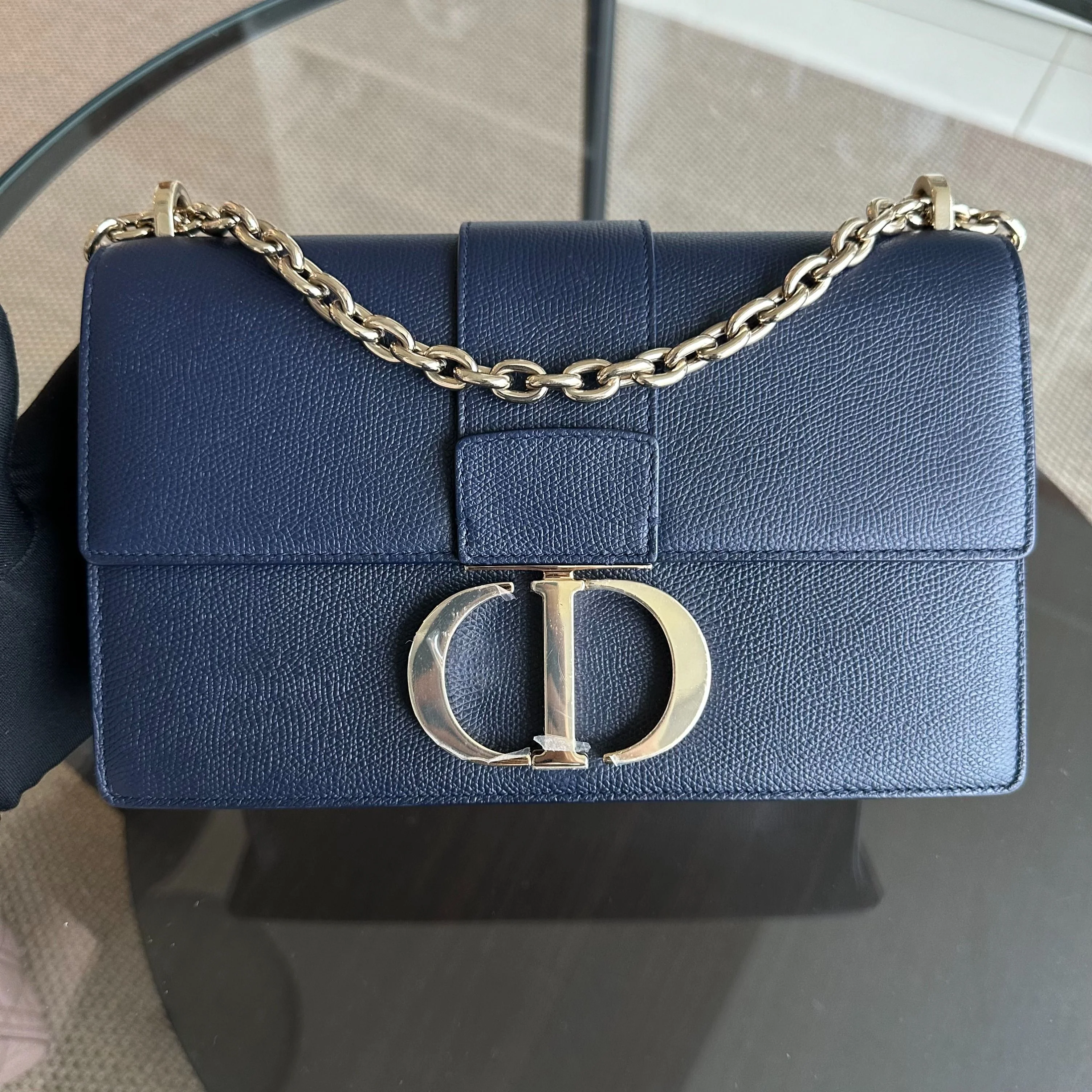 Dior Montaigne 30 East West Grained Calfskin Dark Blue LGHW - Best Luxury Designers
