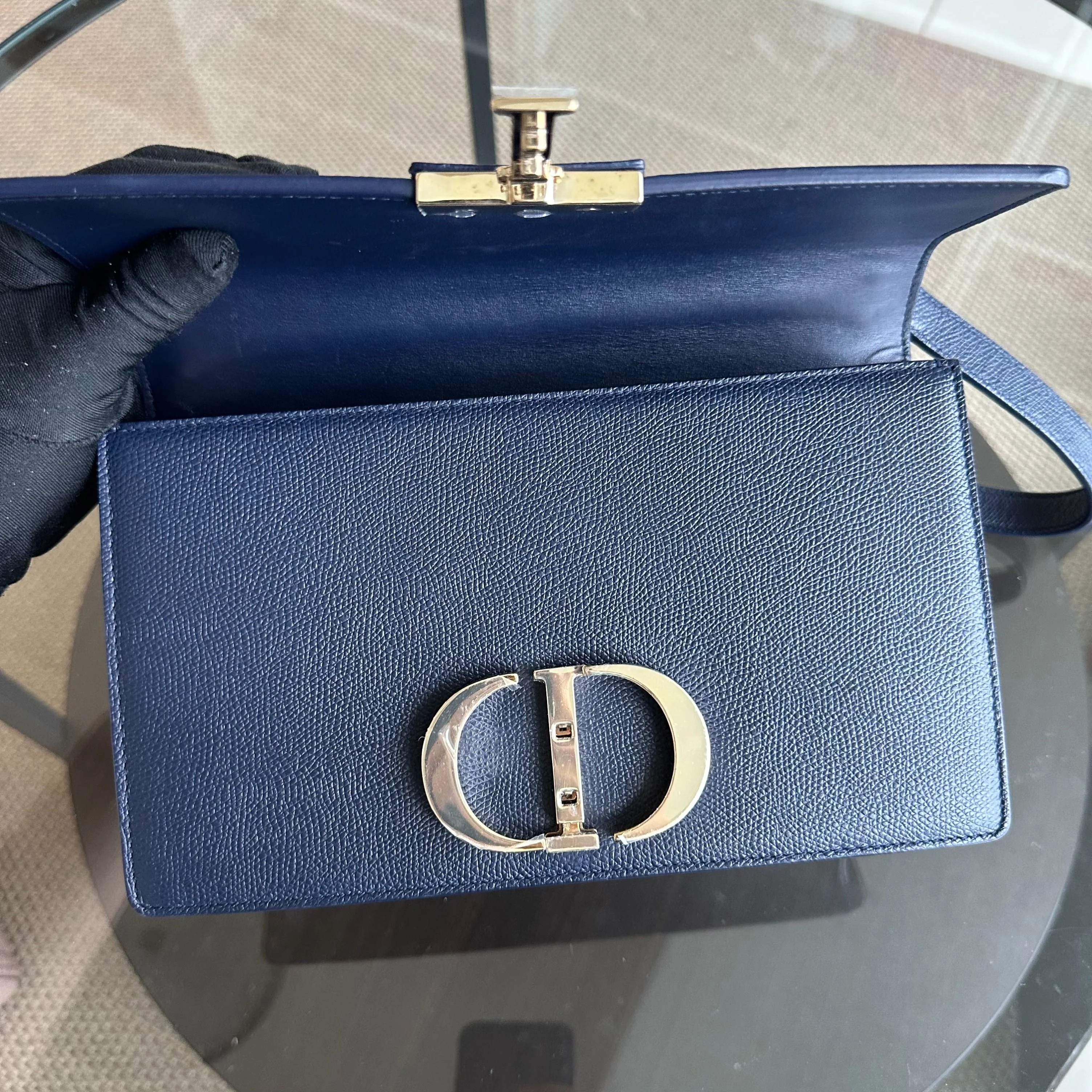 Dior Montaigne 30 East West Grained Calfskin Dark Blue LGHW - Best Luxury Designers