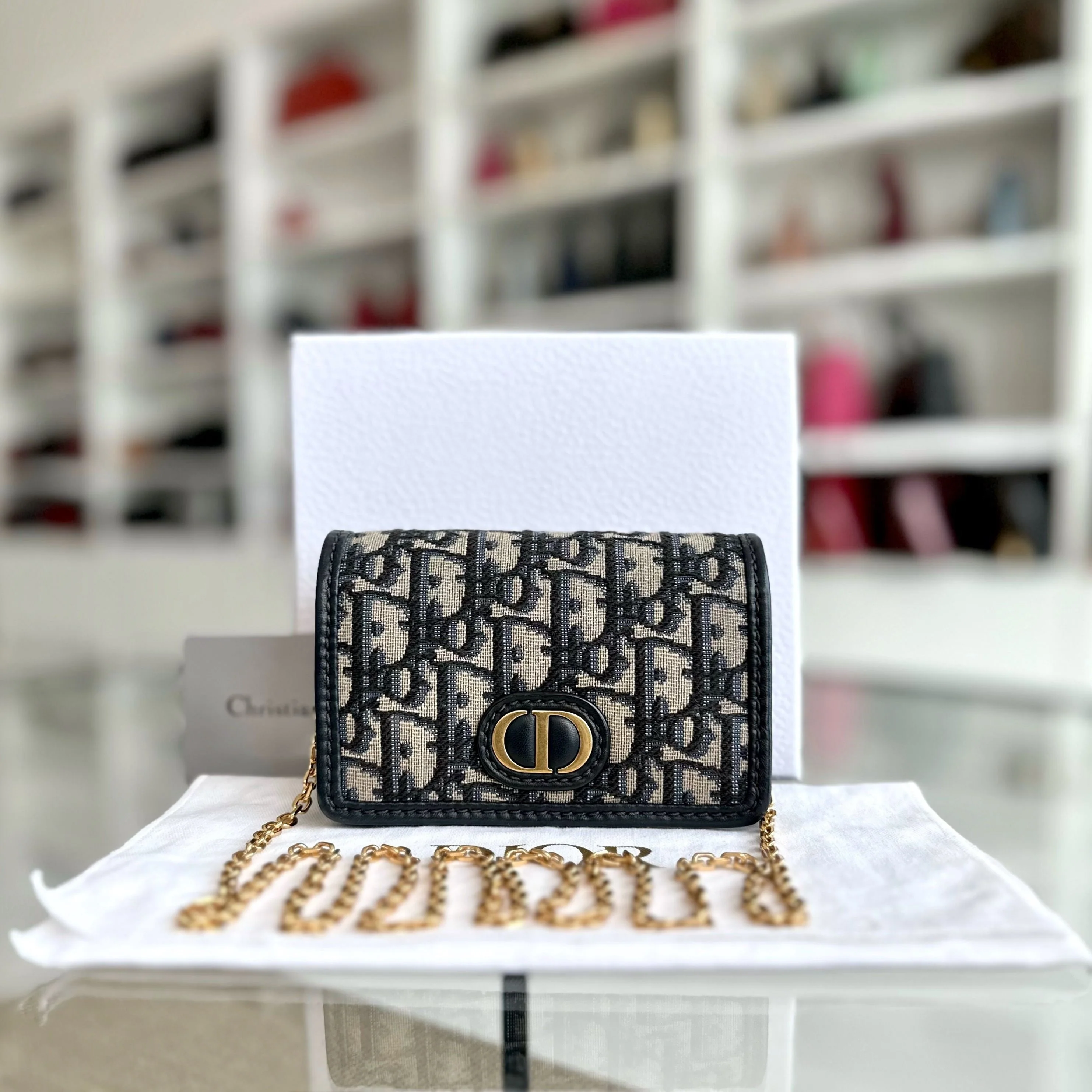 Dior Montaigne WOC Wallet On Chain in Navy Oblique Canvas Cross Body - Best Luxury Designers