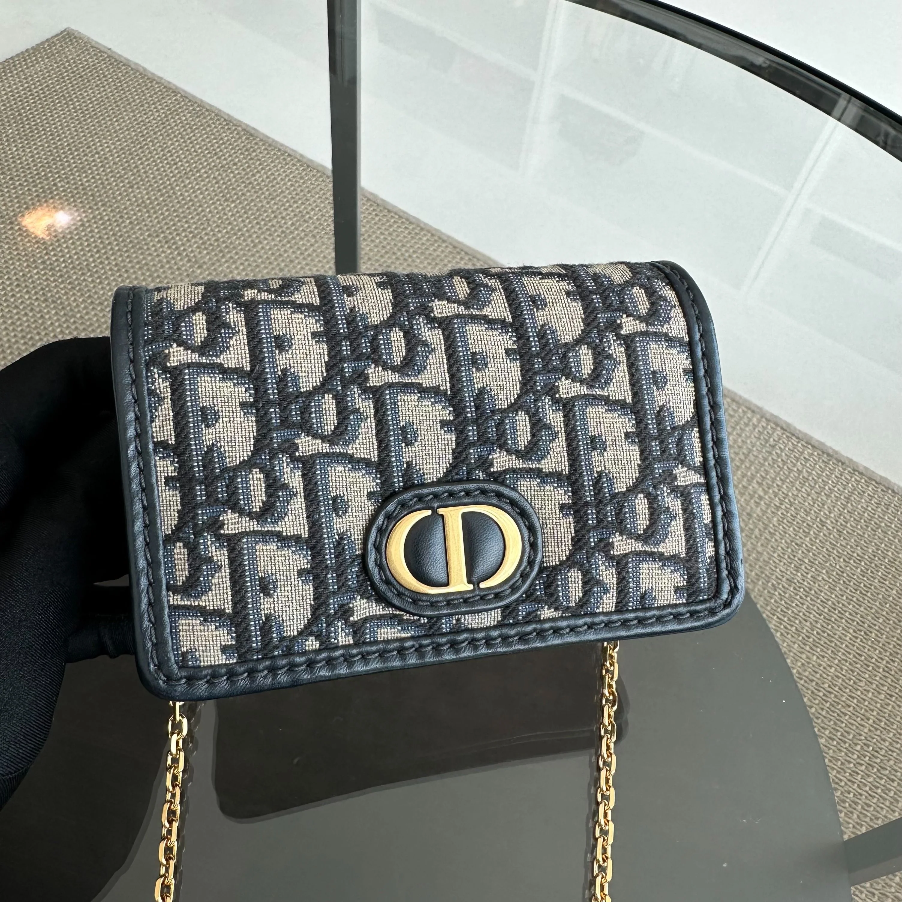 Dior Montaigne WOC Wallet On Chain in Navy Oblique Canvas Cross Body - Best Luxury Designers