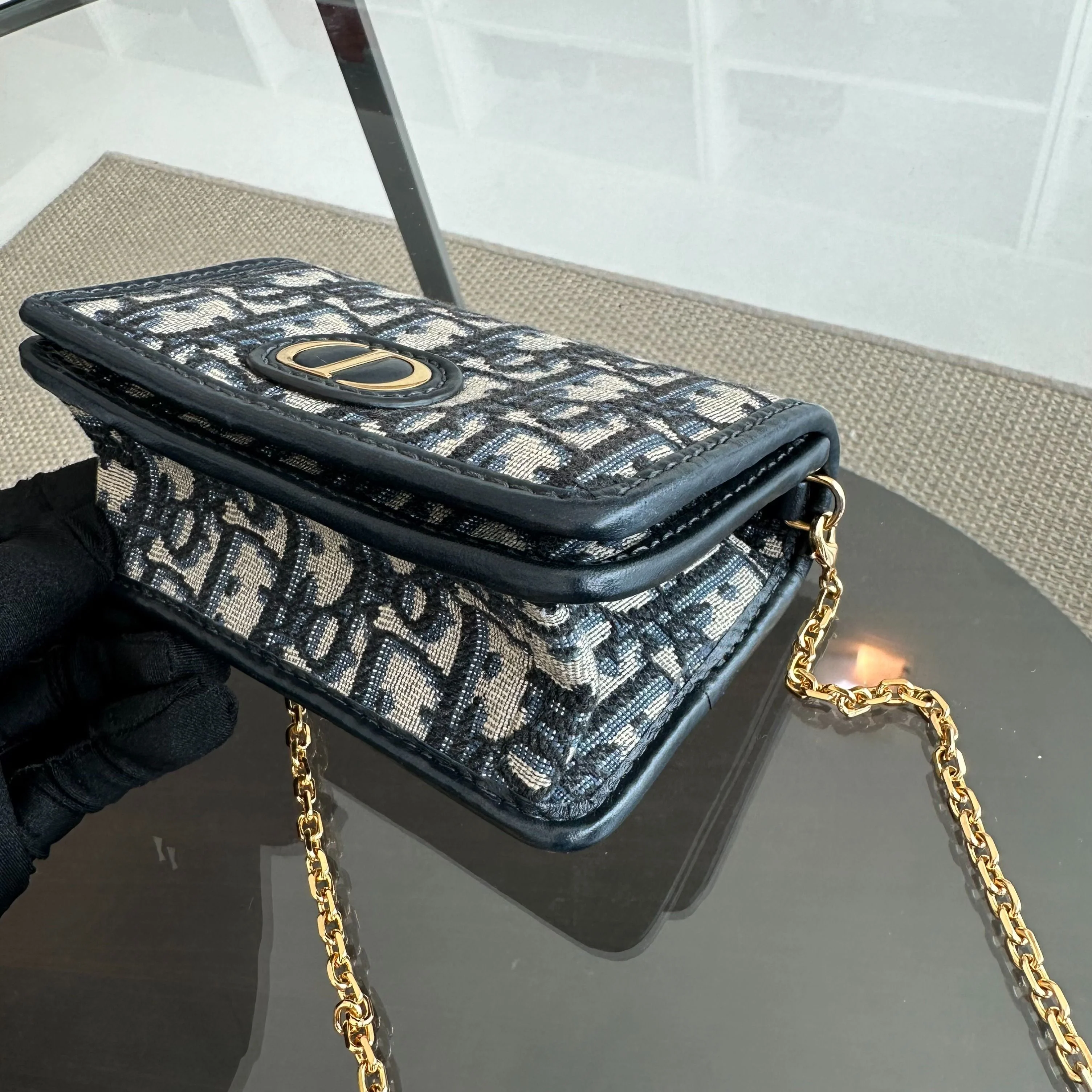 Dior Montaigne WOC Wallet On Chain in Navy Oblique Canvas Cross Body - Best Luxury Designers