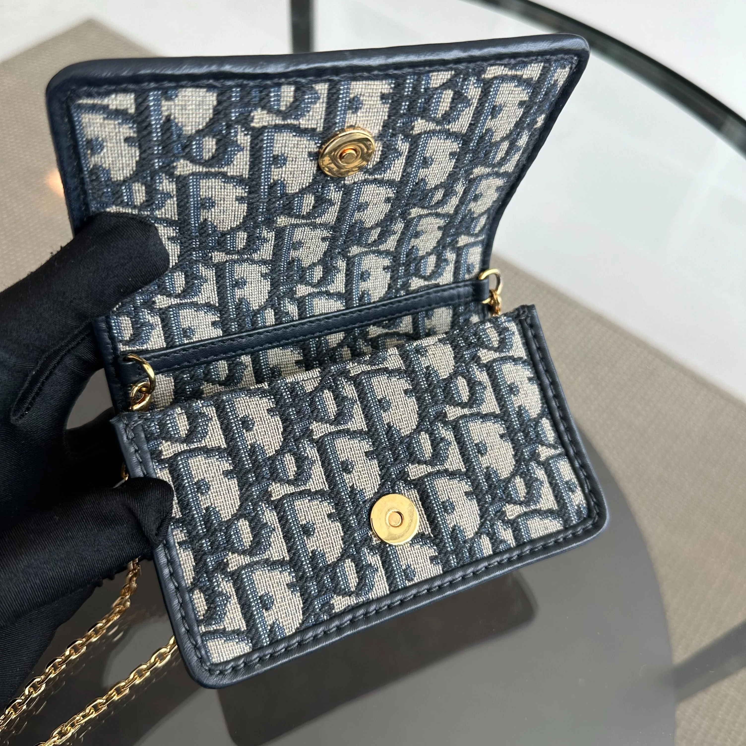 Dior Montaigne WOC Wallet On Chain in Navy Oblique Canvas Cross Body - Best Luxury Designers