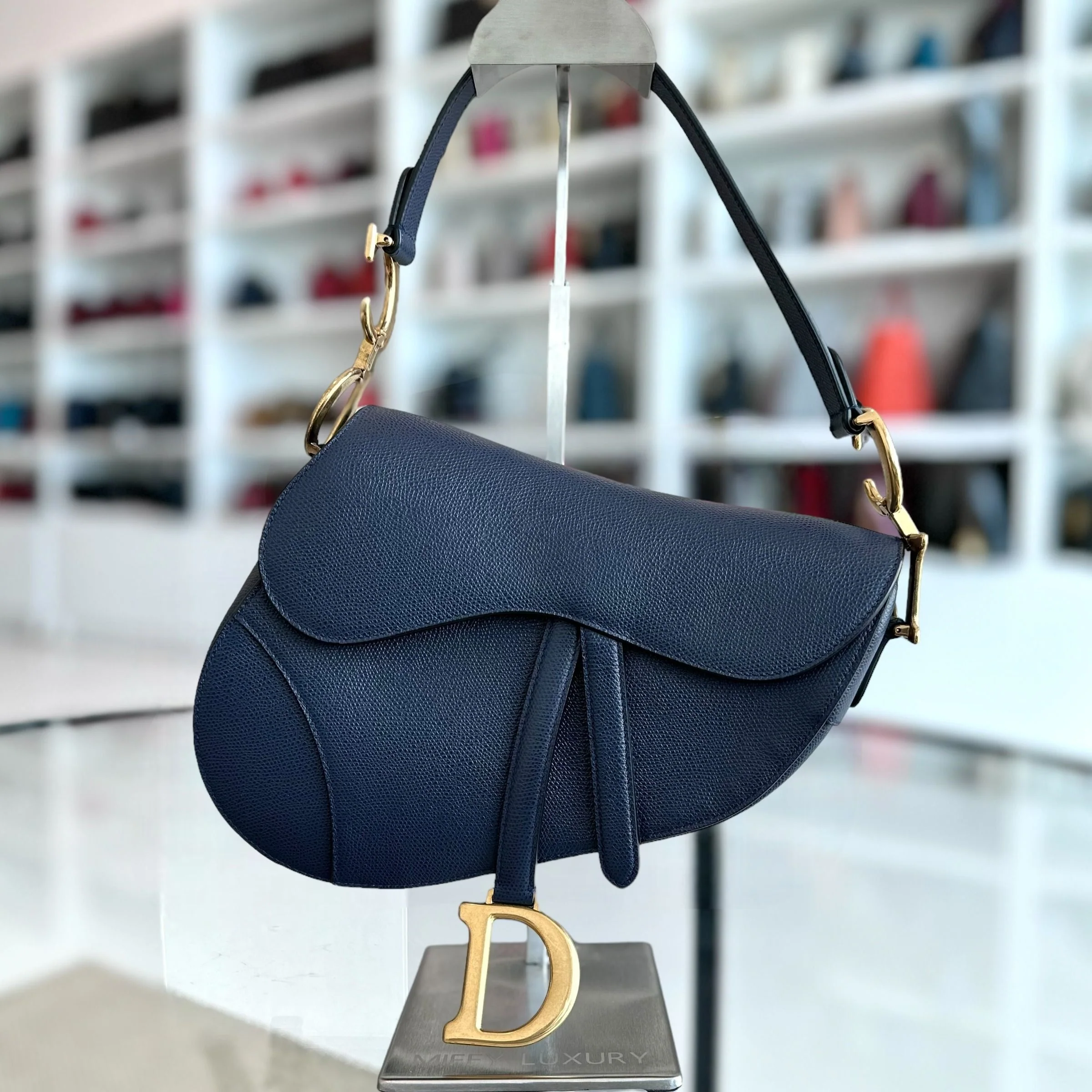 Dior Saddle Medium Grained Calfskin Dark Blue GHW - Best Luxury Designers