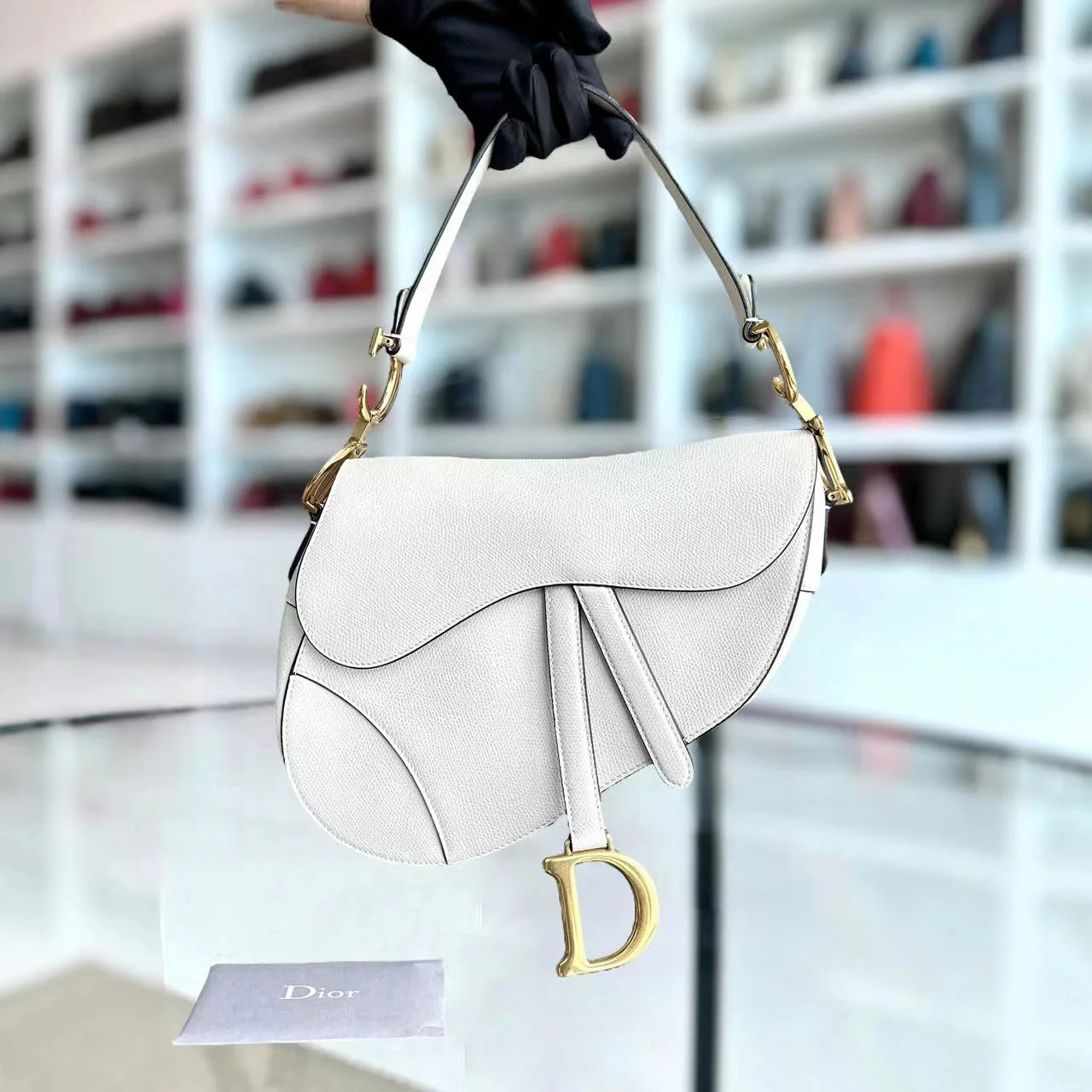Dior Saddle Medium Grained Calfskin White Golden Hardware - Best Luxury Designers