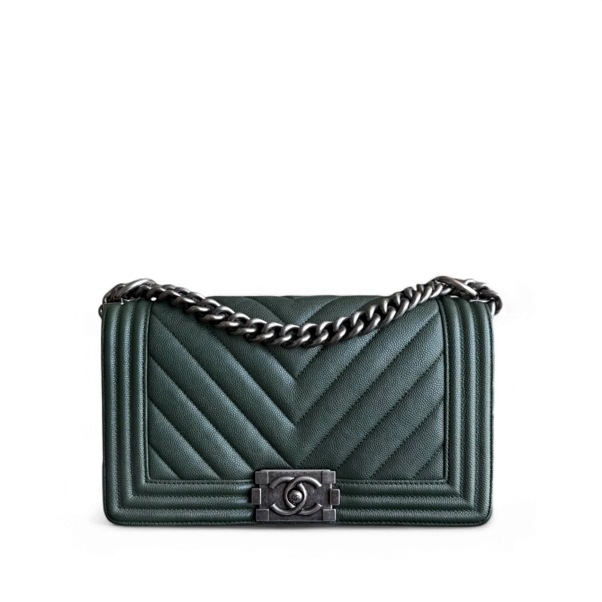 Chanel Boy Medium - Caviar 25CM Chevron Dark Green Ruthenium Silver Hardware Series 26