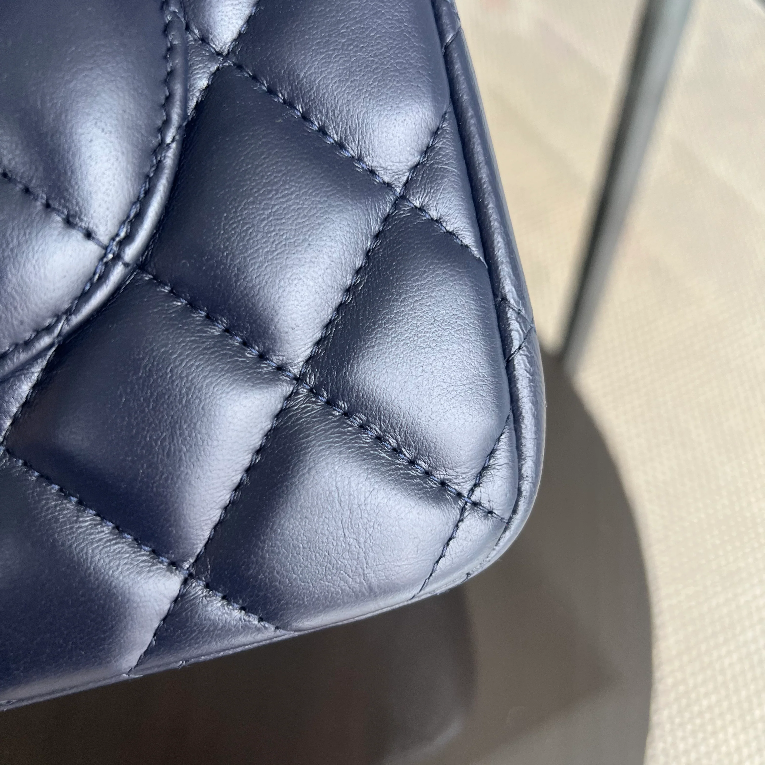 Chanel Classic Flap Jumbo - Double Flap Lambskin 30CM Quilted Dark Navy Blue Silver Hardware Series 23