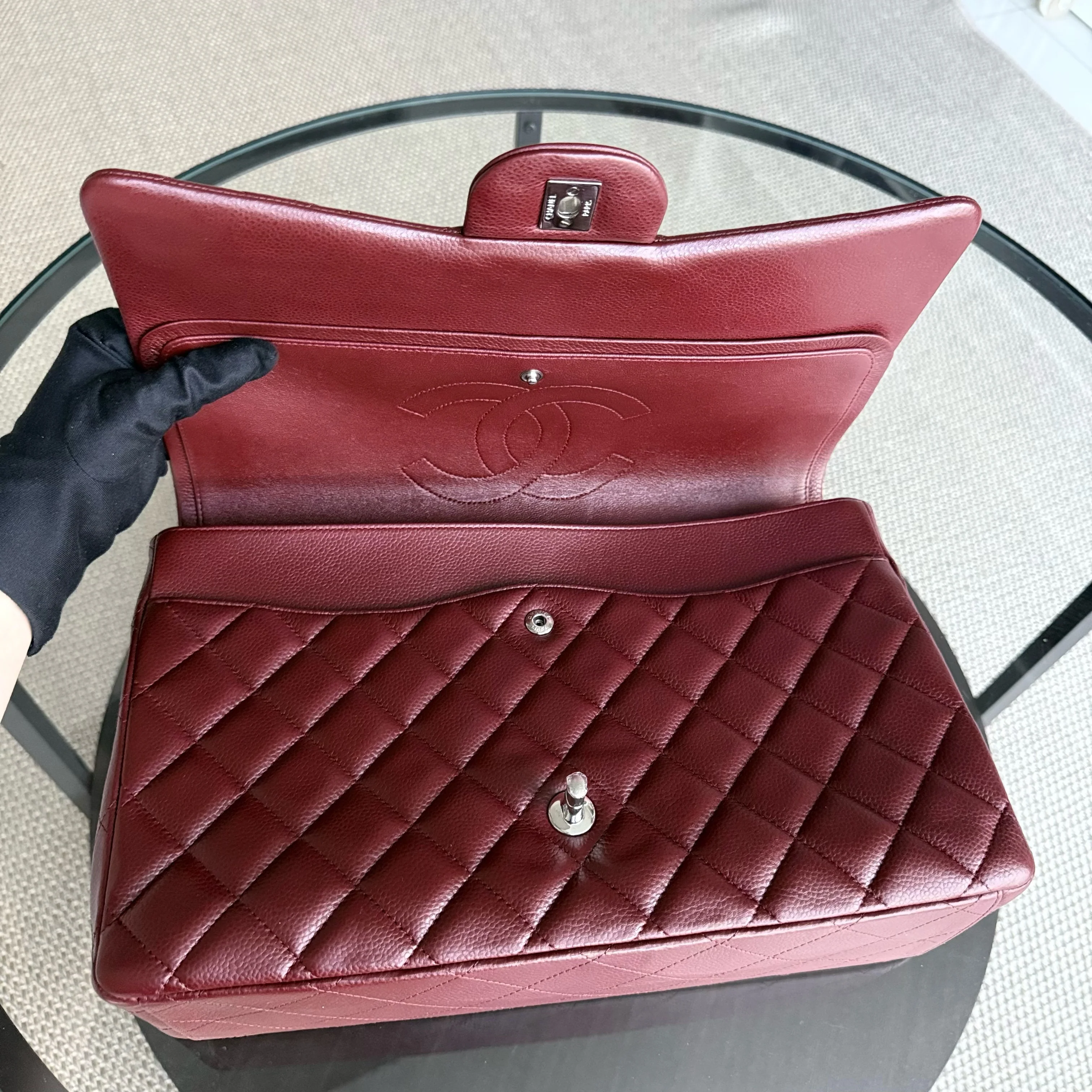 Chanel Classic Flap Maxi - Caviar Double Flap 33CM Quilted Grained Calfskin Burgundy Dark Red Silver Hardware Series 15