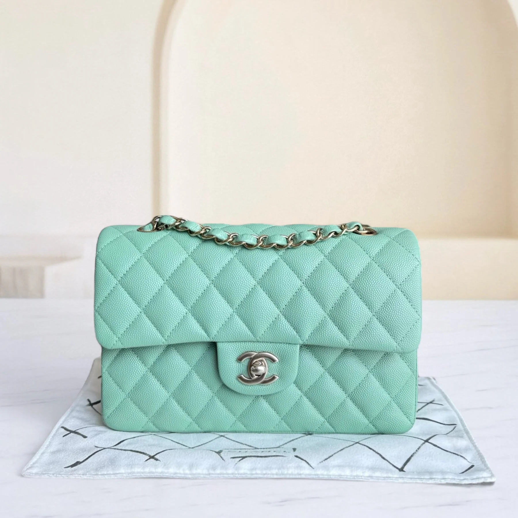Chanel Classic Flap Small - Caviar 23CM Quilted Grained Calfskin Light Green Light Gold Hardware Microchip
