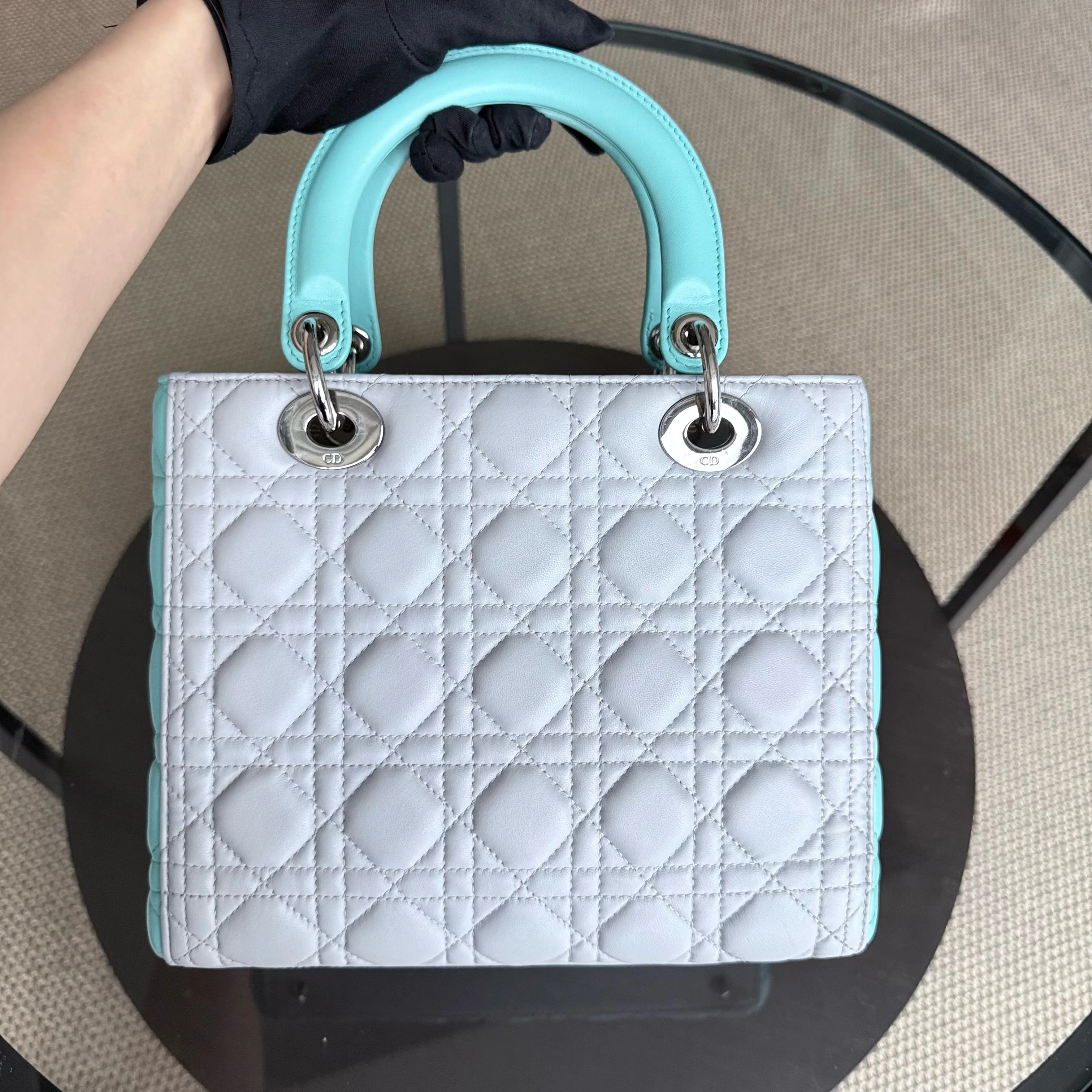 Dior Lady Medium - Cannage Lambskin Bi-Color Cyan Grey Gray Silver Hardware
