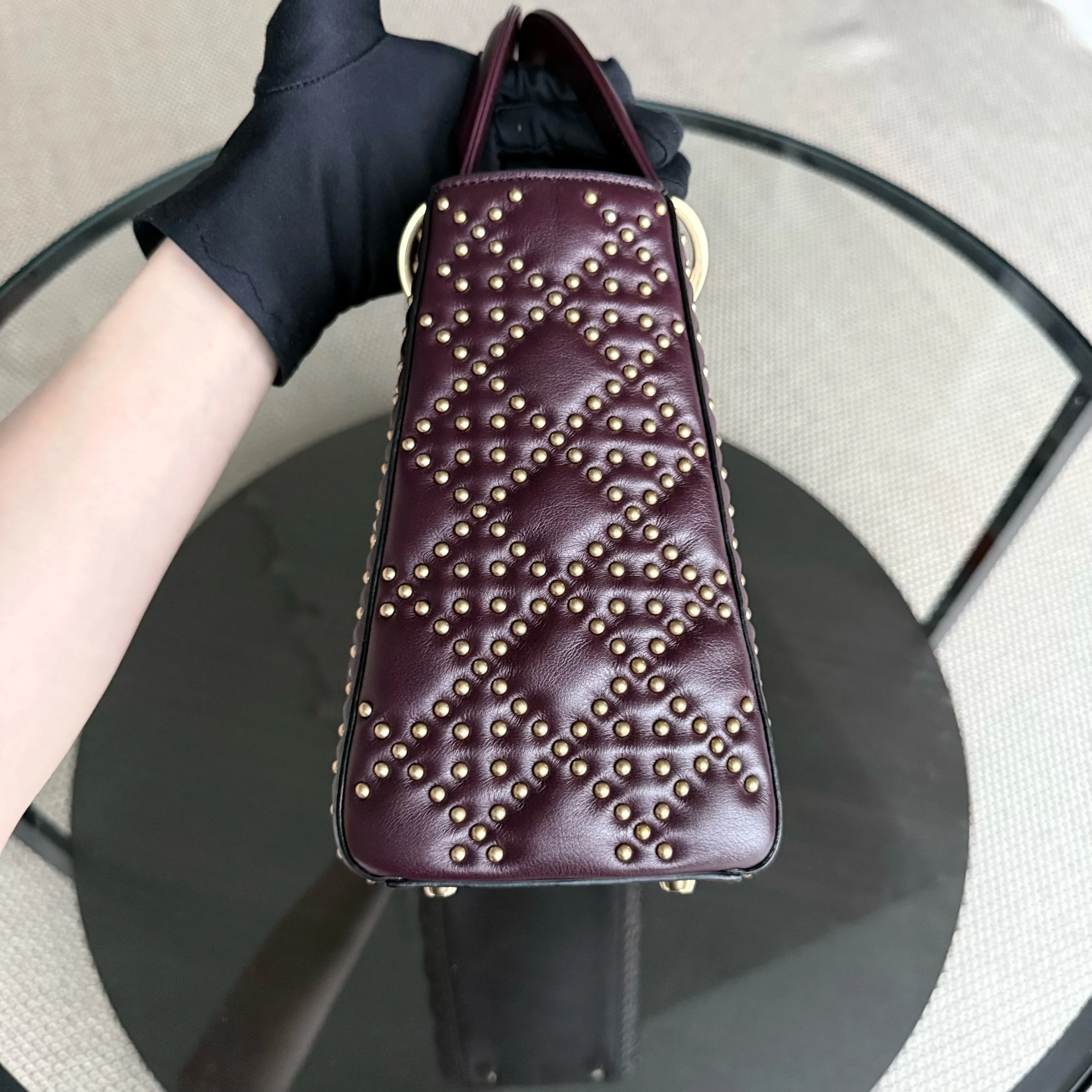 Dior Lady Medium Flap - Studded Cannage Calfskin Burgundy Red Gold Hardware